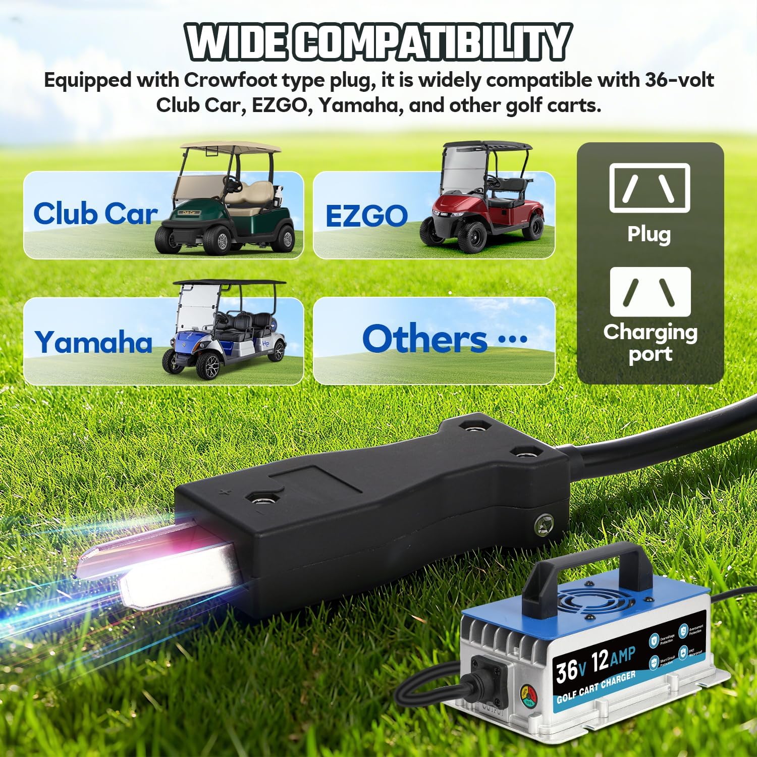 12 AMP 36 Volt Golf Cart Charger for Club Car, EZGO & Yamaha, IP67 Waterproof & Trickle Charge, 36 Volt Golf Cart Battery Charger Full Auto Charge with Crowfoot Plug, 16FT Cable for Lead-Acid Battery