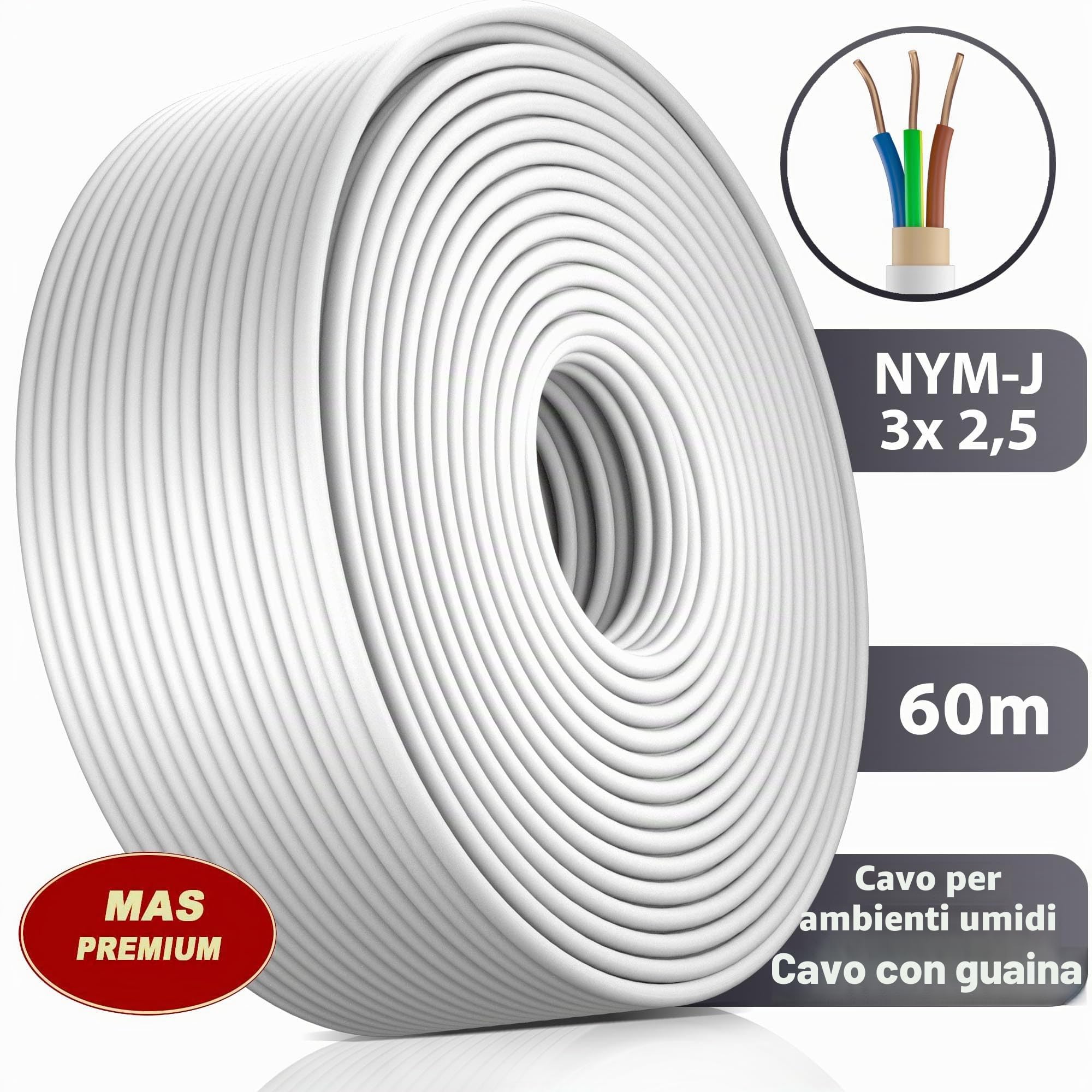 MAS-Premium® Cavo di alimentazione rivestito, cavo elettrico ad anello per la posa sopra e sotto l'intonaco, in ambienti asciutti, umidi e bagnati, prodotto in Germania (NYM-J 3 x 2,5 mm², 60m)