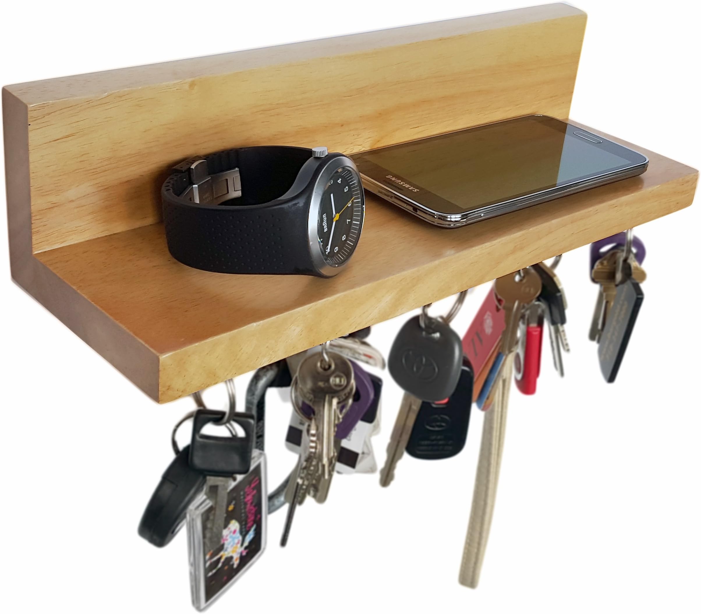 Brooklyn Basix Premium Magnetic Wood Key Ring Holder and Shelf for Mail, Letter, Phone, Wallet, Sunglasses Wall Mounted Organizer Perfect for Mudroom, Entryway, Foyer, Kitchen (Natural)