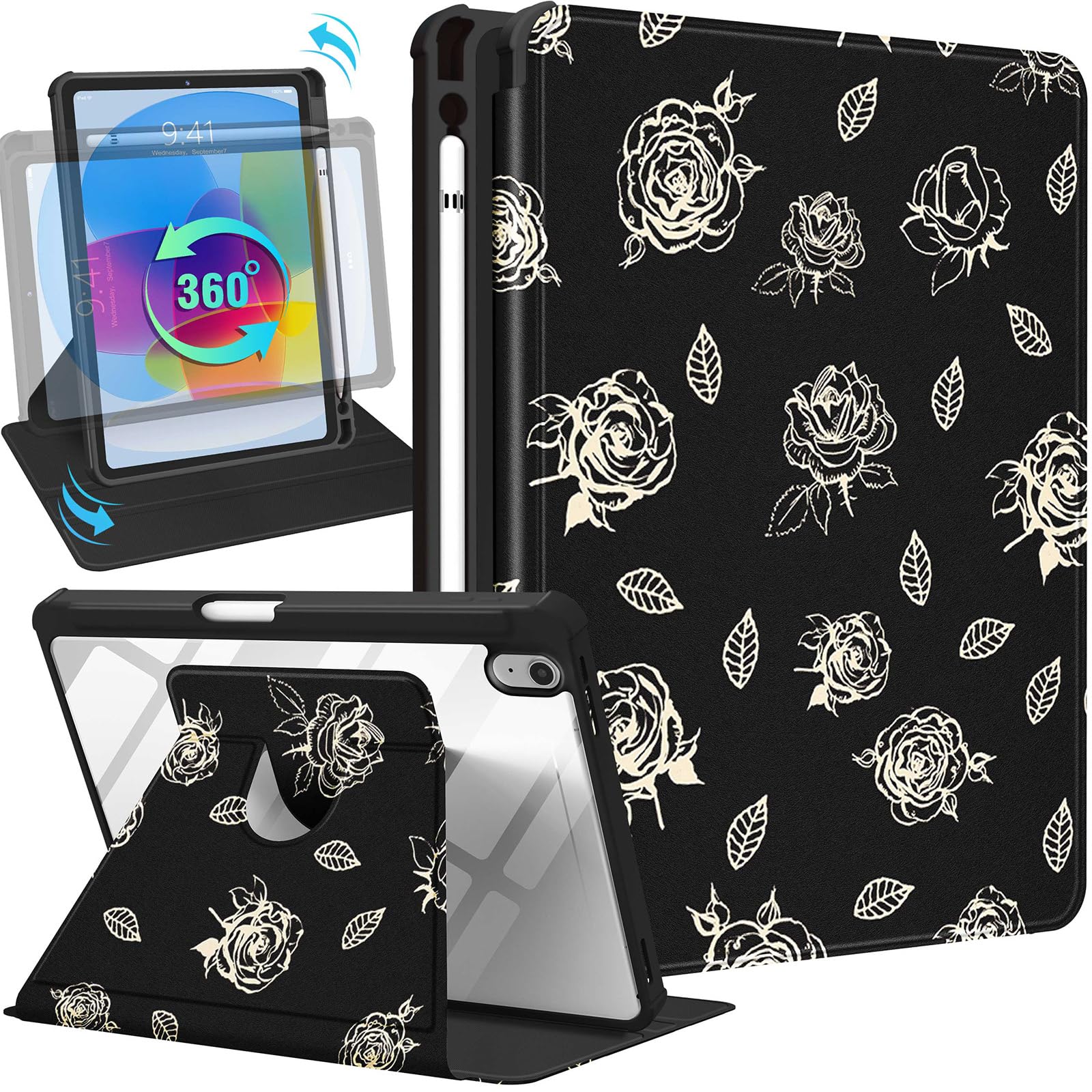 Uppuppy for iPad A16 Case - for iPad 10th Generation Case 10.9 Inch Women Cute Girls Rose Flower Girly Floral Pretty Kawaii Aesthetic Design Rotating