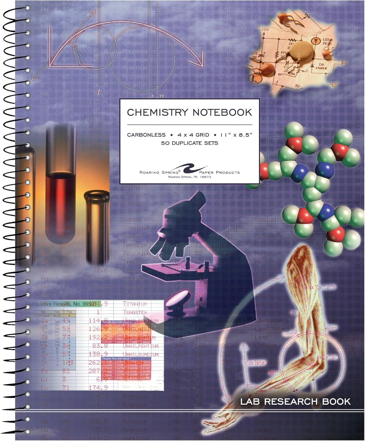 Roaring Spring Carbonless Wirebound Chemistry Notebook, 11" x 8.5", 4x4 Grid Ruled, 50 Sets, Oversize Cover, White/Blue Pages