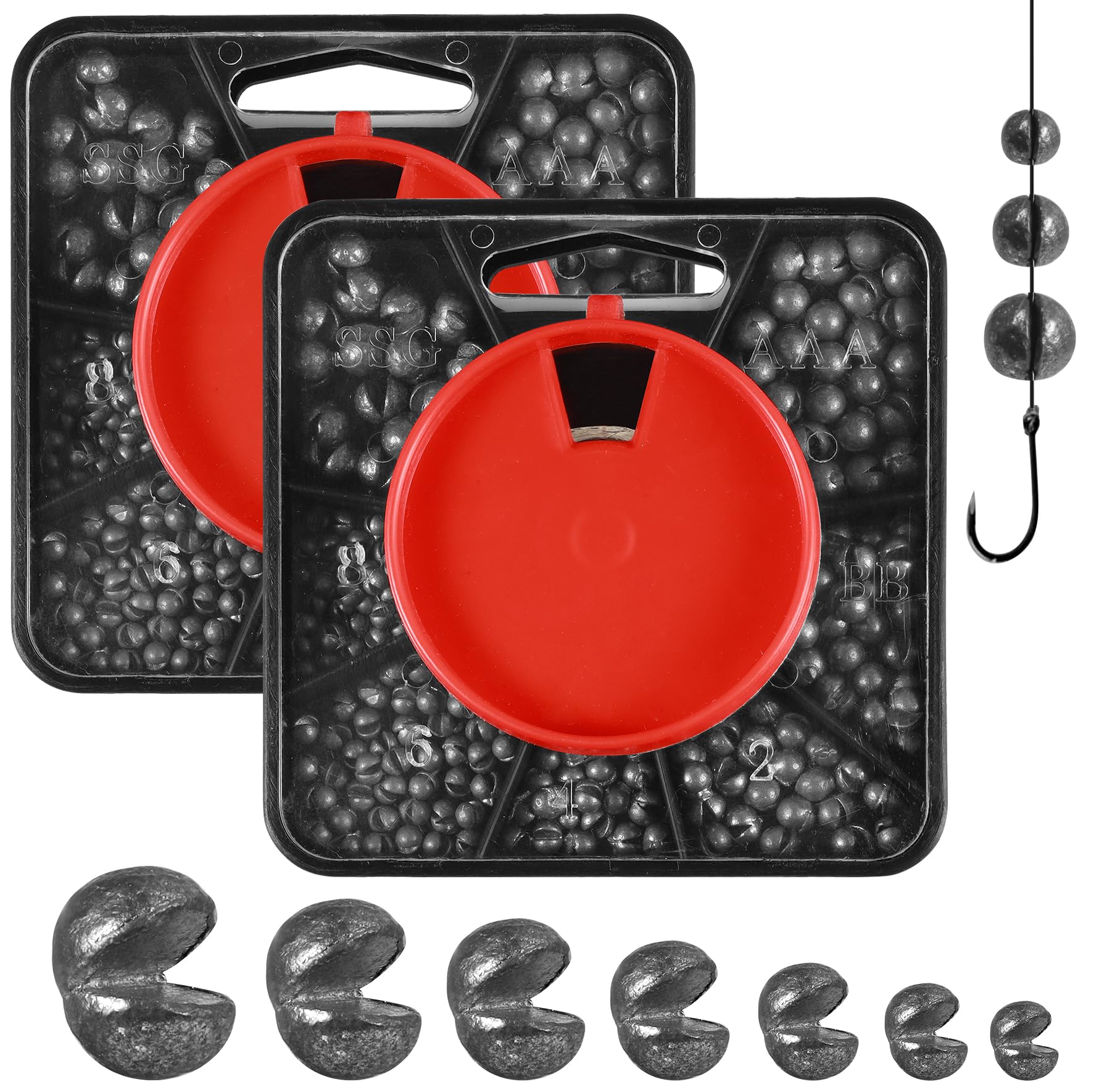 Annyswit 358 Pcs Fishing Weights Split Shot, 7 Division No1, No4, No6, No8, BB, AAA and SSG Dispenser Shot for Stabilizing Fishing Line Bait，River Freshwater Mackerel Deep Water & Floating & Sea