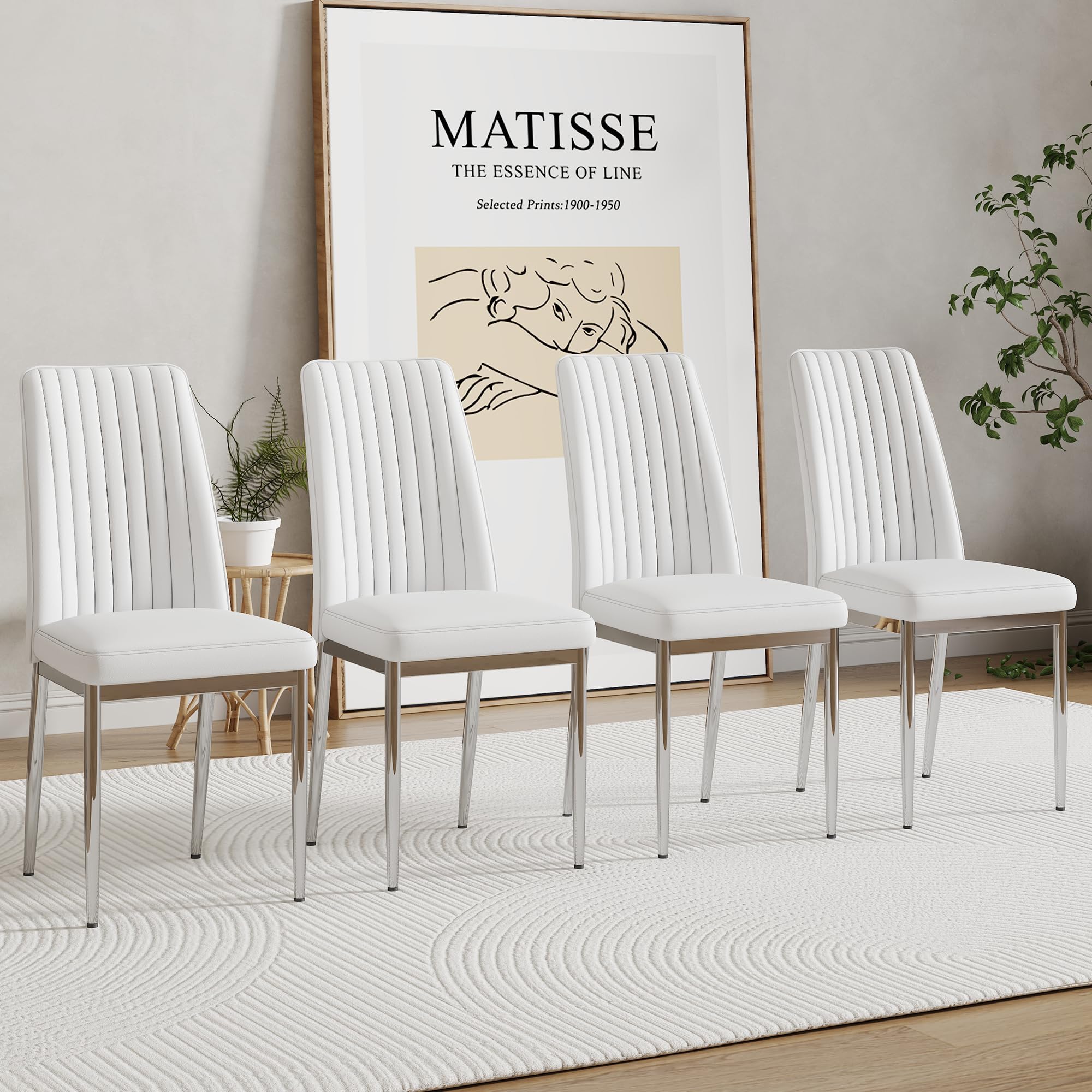 Modern Dining Chairs Set for 4, Kitchen Dining Room Chair PU Leather Upholstered Seat High Back & Sturdy Chrome Silver Legs, Sillas De Comedor Chair for Dining Room, Kitchen (White, Set of 4)