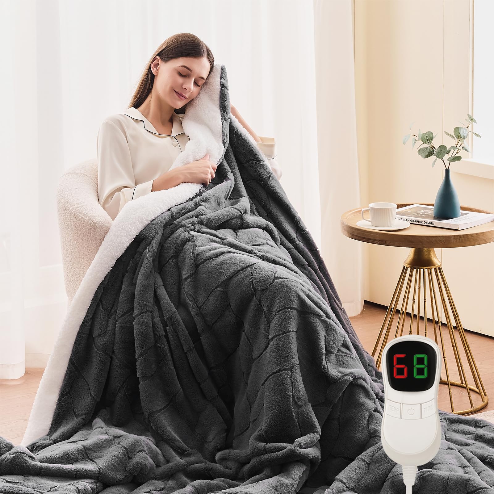 Homemate Electric Blanket Grey- 130x160cm Luxury Faux Fur Sherpa Heated Throw, 1/2/4/6/8 Hours Auto-Off 10 Heat Levels Digital Control With Over-Heat Protection