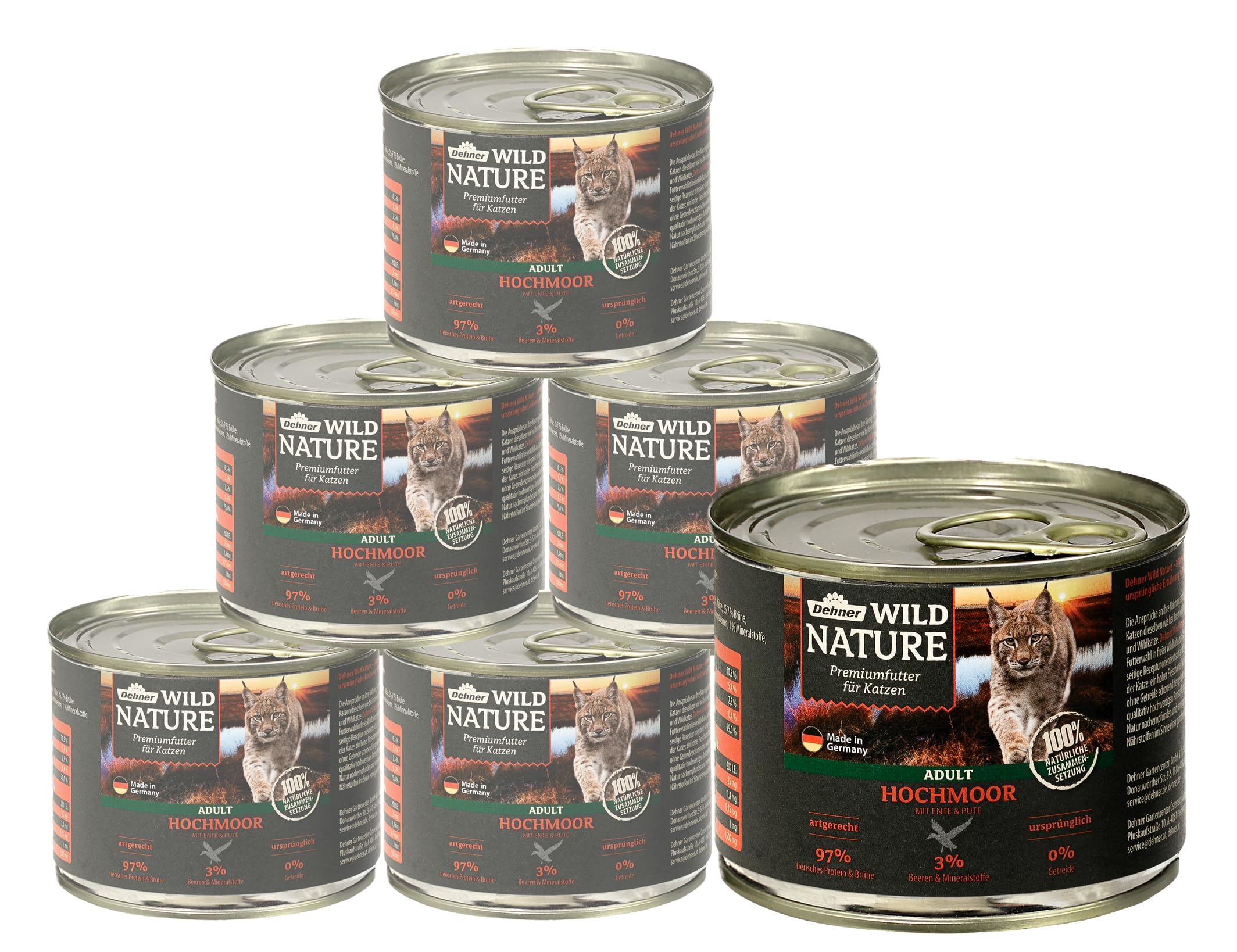 Dehner Wild Nature Katzenfutter Hochmoor, Nassfutter getreidefrei, für ausgewachsene Katzen, Ente / Pute, 6 x 200 g Dose (1.2 kg)
