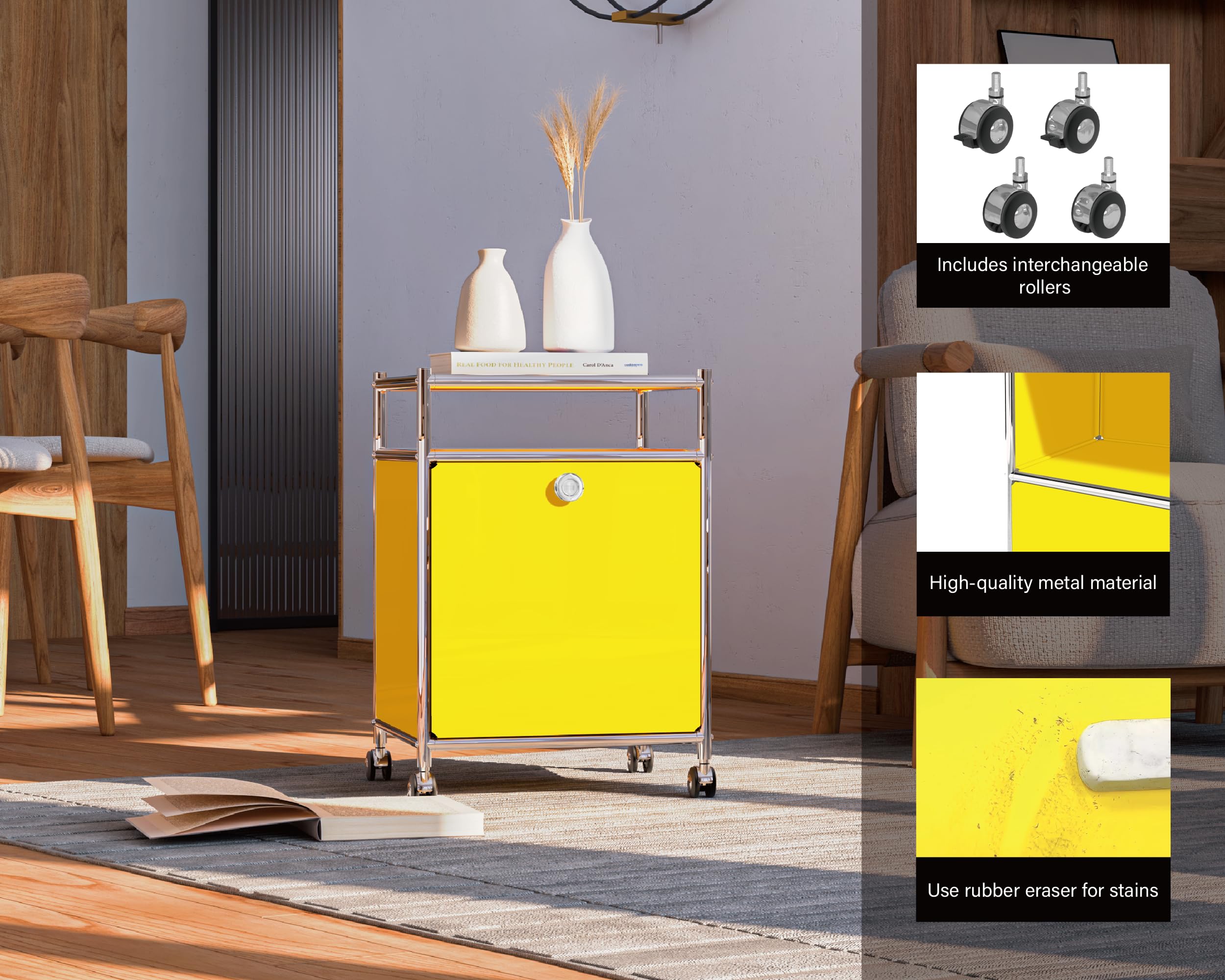 Chariot de Rangement Mat avec Porte à Rabat, Grande capacité, roulettes Amovibles, mobilier Moderne à Monter soi-même, idéal pour la Maison, Le Bureau, la Chambre, la Cuisine (Jaune Mat)