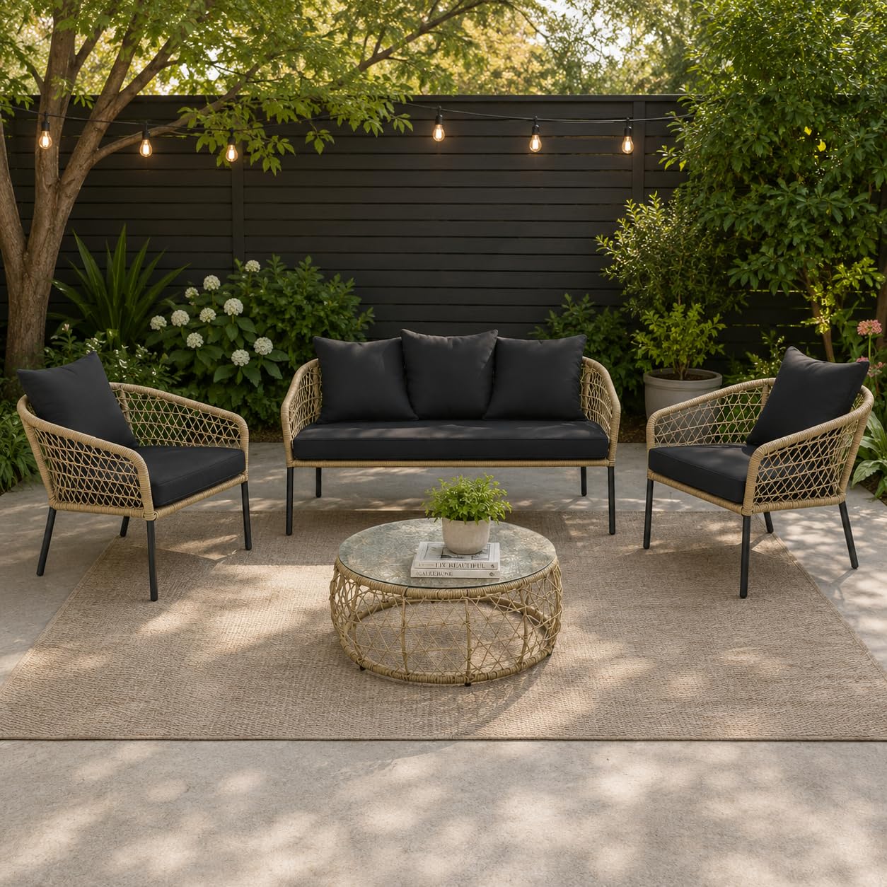 4-Piece Outdoor Wicker Patio Sofa Set, Natural Rattan Sofa with Black Cushions and Glass Coffee Table-image-35