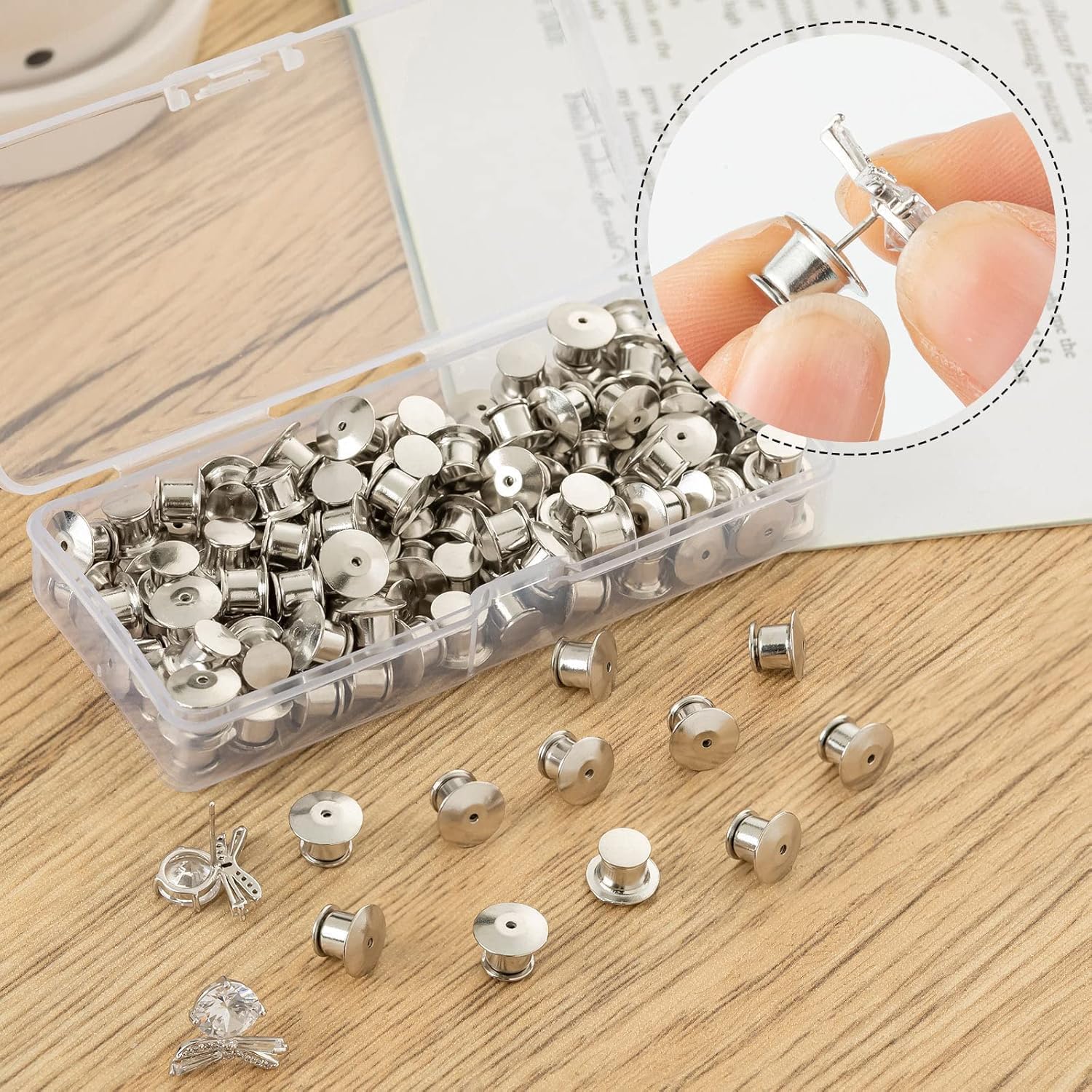 YGAOHF 12 pcs Locking Pin Backs for Enamel Pins - Metal Pin Backs Locking with Plastic Box, Silver Locking Pin Backs Bulk thumbnail