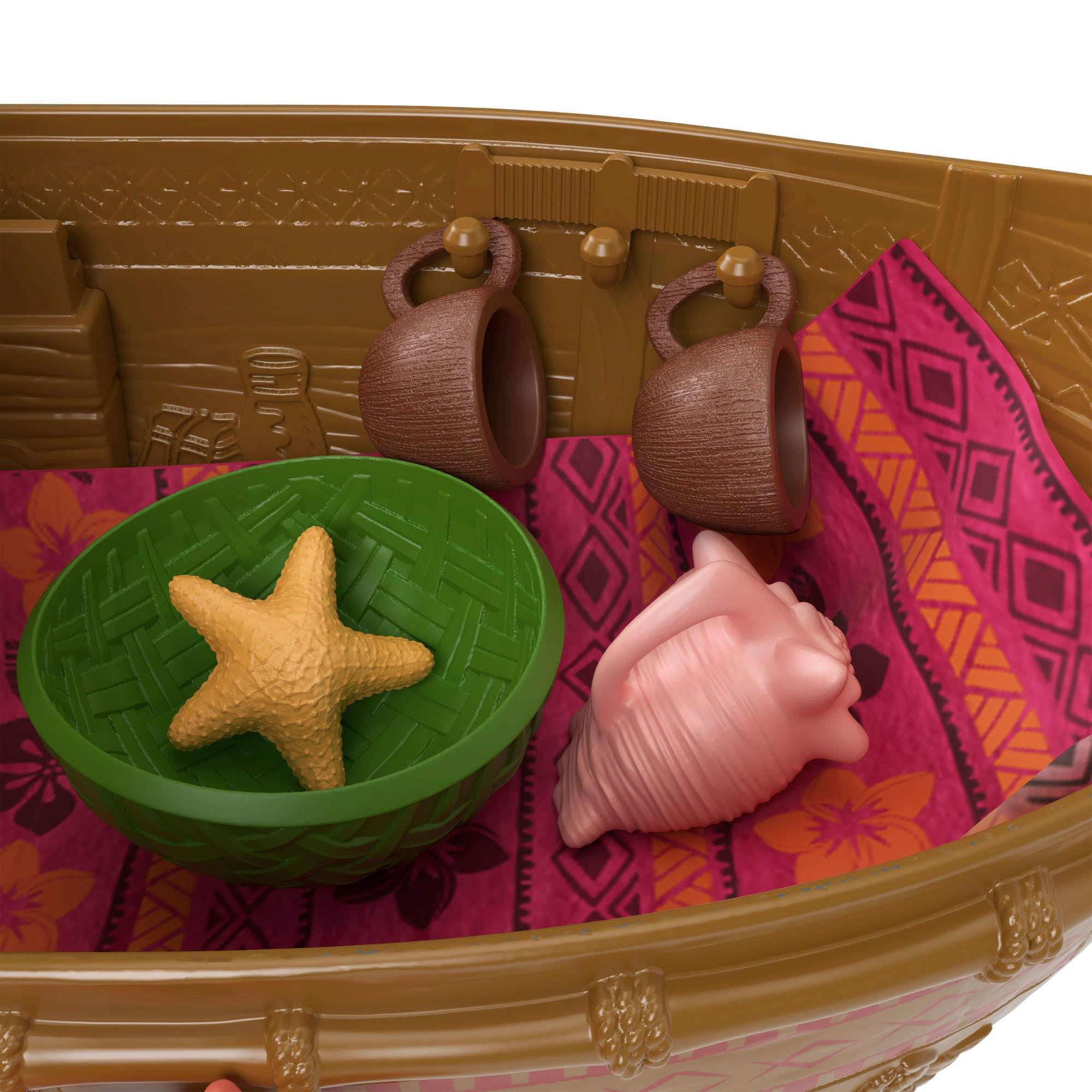 Mattel Disney Moana Ocean Voyager Canoa Floating Boat Playset | 5 aree di gioco, 9 accessori, Heihei Animal Figure & Seesaw, ispirato al film Disney