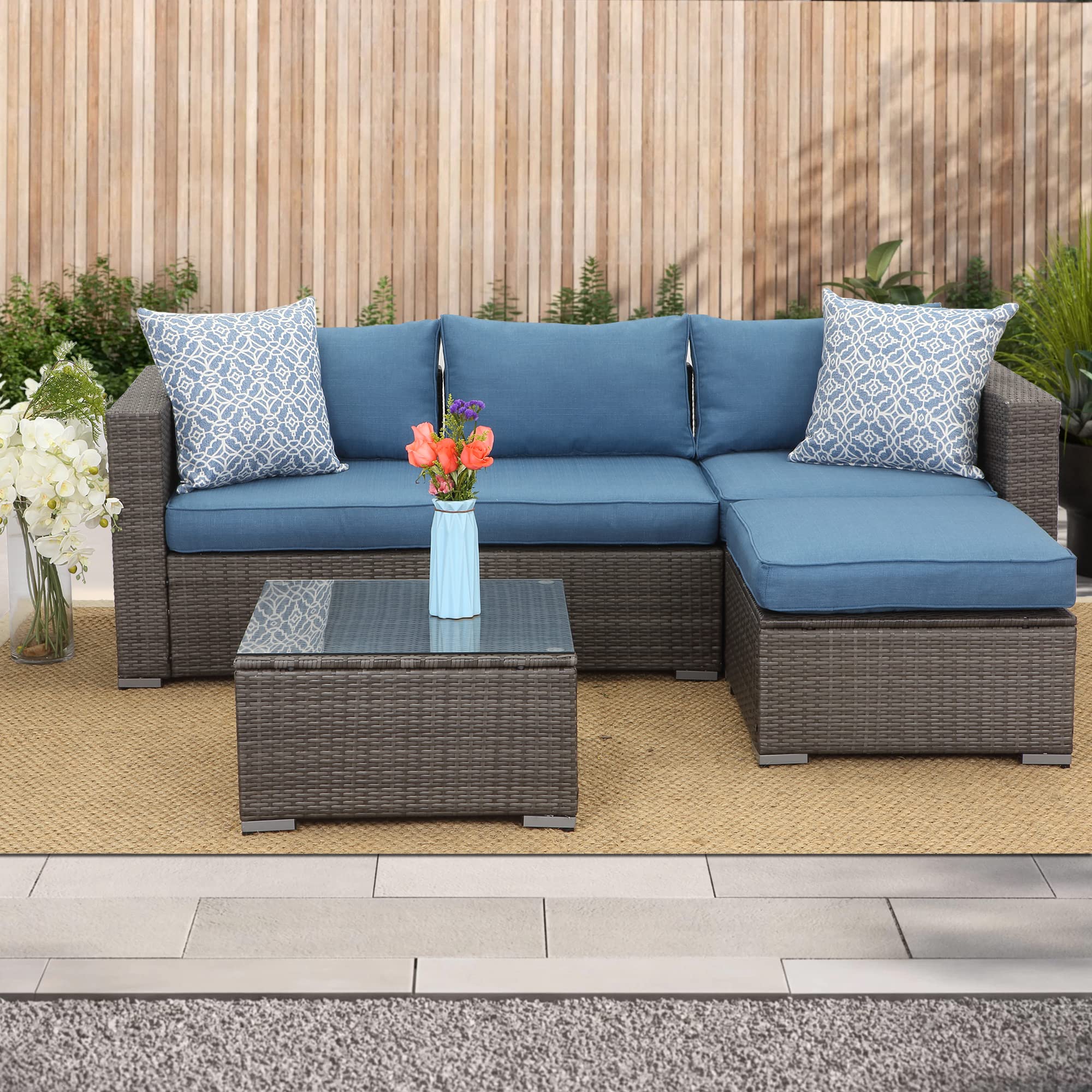 Sofá de patio al aire libre de 2 piezas, muebles seccionales de mimbre para exteriores con cojín, sofá biplaza adicional para patio trasero de jardín, color azul 3