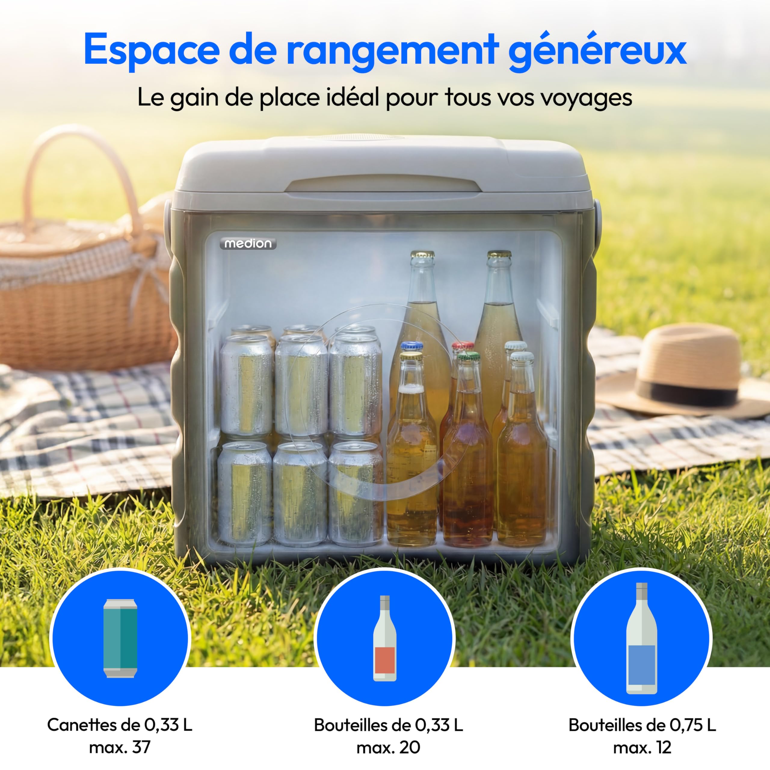 MEDION Glacière Thermoélectrique Portable 35 L Volume Brut Fonction Refroidissement et Maintien au Chaud Alimentation 12V Prise Allume Cigare 230V Secteur USB 5V pour Voiture Bateau et Camping, MD3700