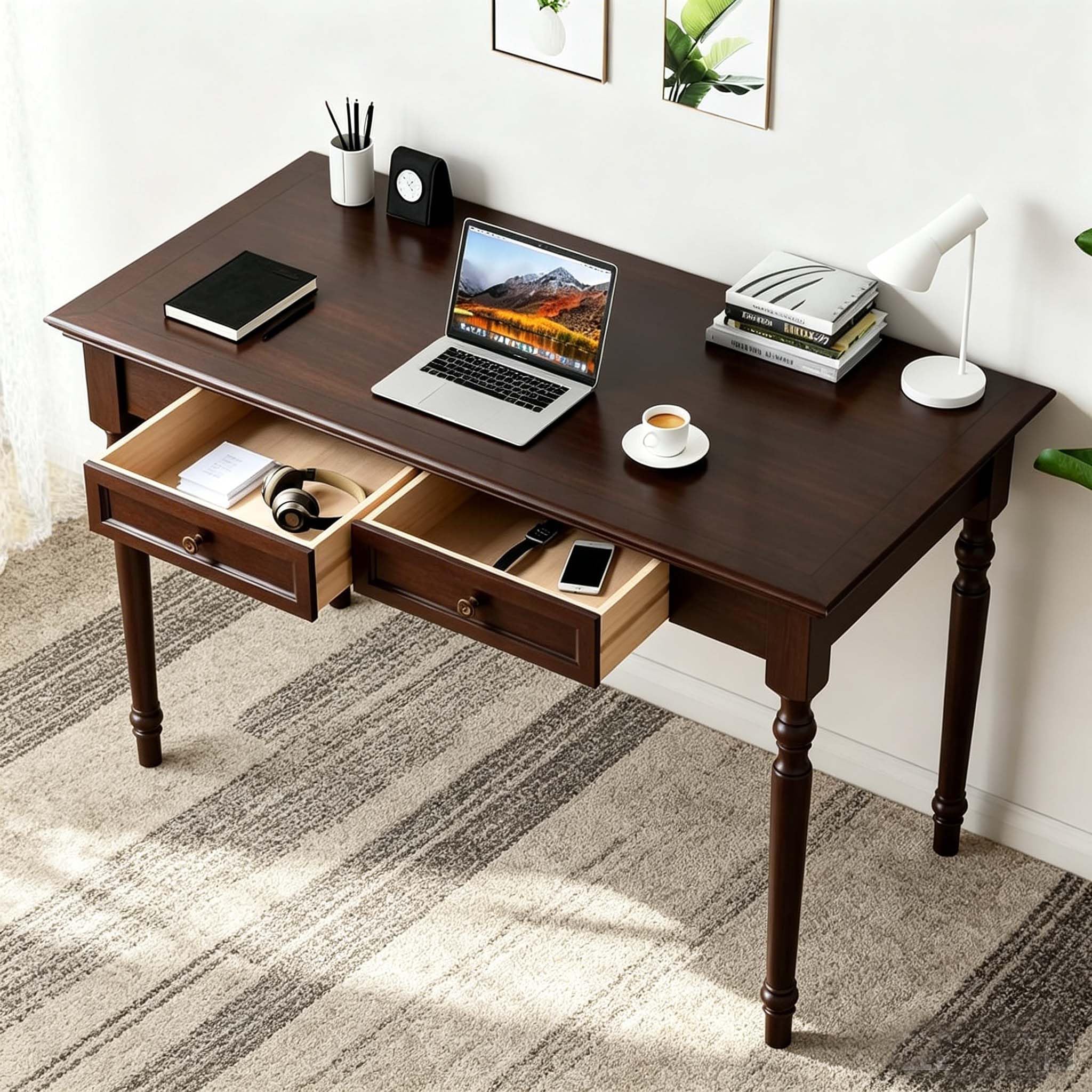 Schreibtisch aus Massivholz mit Schubladen, 120 cm,Walnussfarben | Französischer Landhausstil, ideal für Zuhause, Wohnzimmer, Arbeitszimmer oder Büro