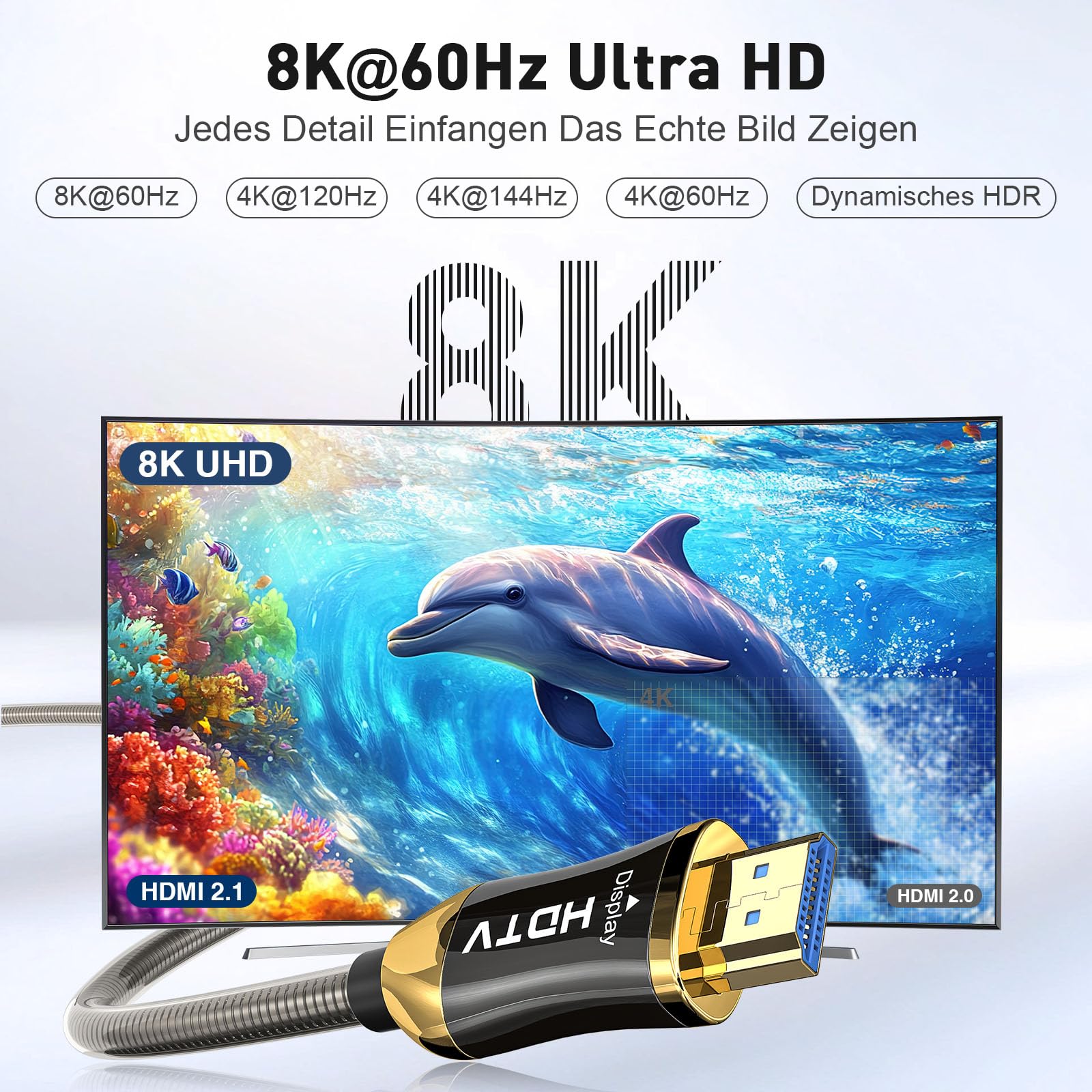 Cable de fibra óptica 8K HDMI 60M, blindaje de acero óptico HDMI 2.1, 48 Gbps Ultra High Speed,In Wall CL3 Rated,AOC 8K @60Hz,4K@120Hz/144Hz Dynamic HDR eARC Dolby HDCP2.2 Compatible con PS5