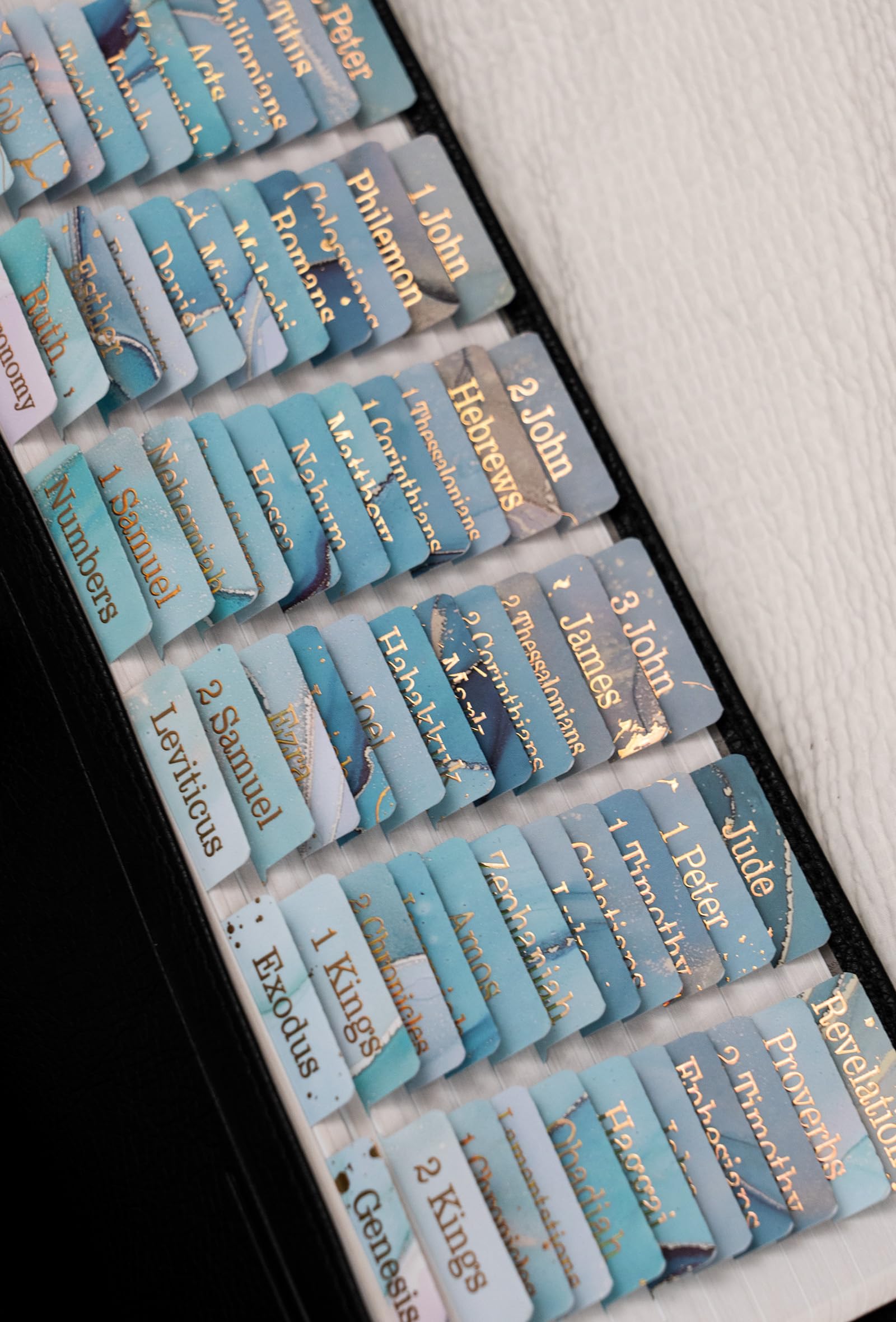 UPAFEXXI-Laminated Bible Tabs (Gold Foil Embossed Lettering), Bible Tabs for Women and Men, Reposition Large Print Stickers, Easy to Read and Apply, 80 Chapters Labels for Easy Navigation(Blue)