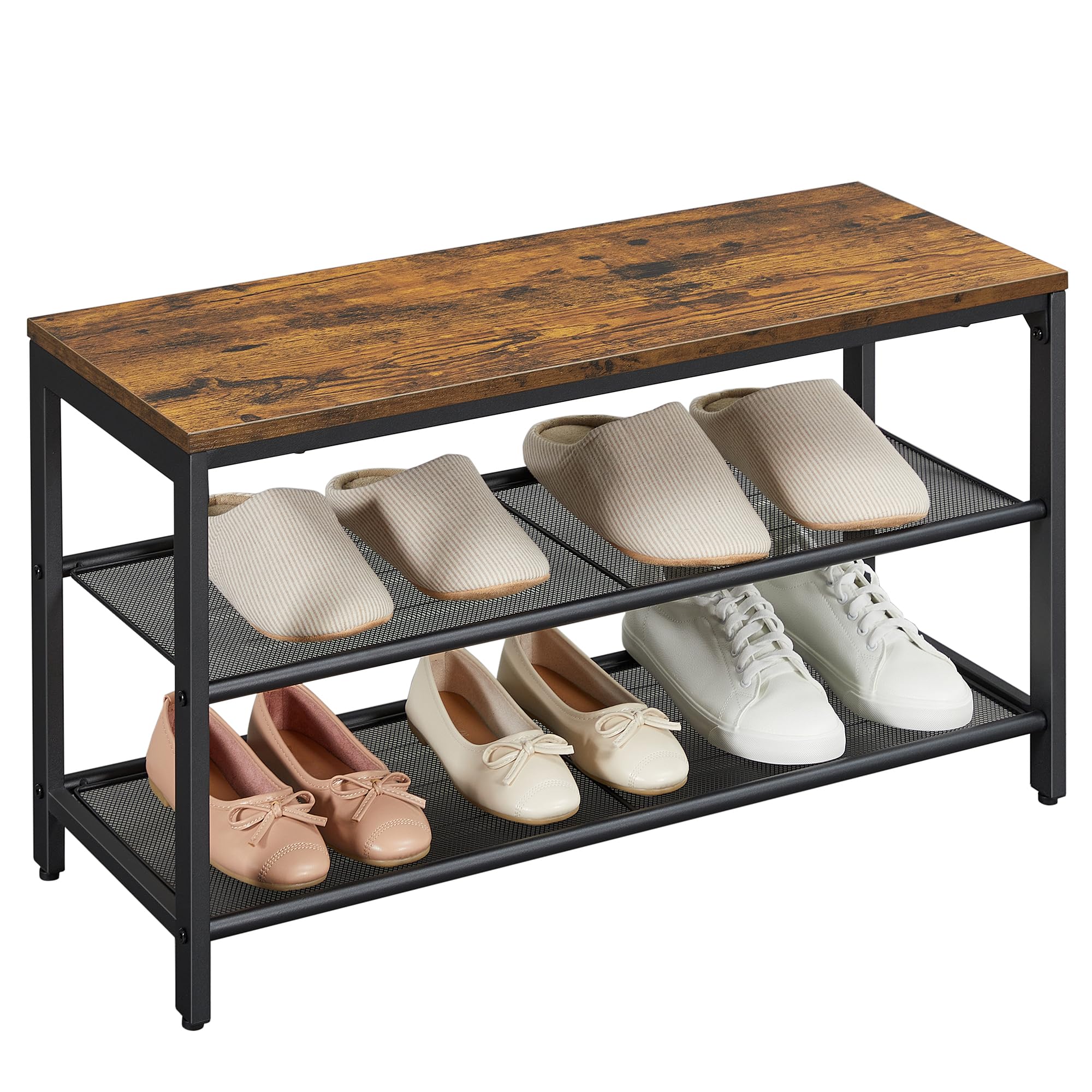 VASAGLE Ławka na buty, 80 x 30 x 44,5 cm, 2-poziomowa szafka na buty z siatki, przechowywanie butów, do wejścia, metal, styl przemysłowy, rustykalny brąz i czarny LBS74X
