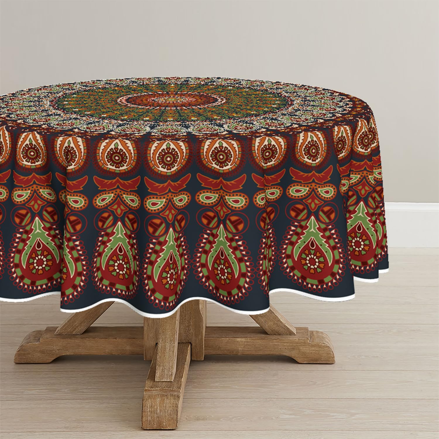 Horaldaily Round Tablecloth 70x70 Inch Round, Boho Bohemian Psychedelic PeacockMandala Washable Seasonal Table Cover for Party Picnic Dinner Decor