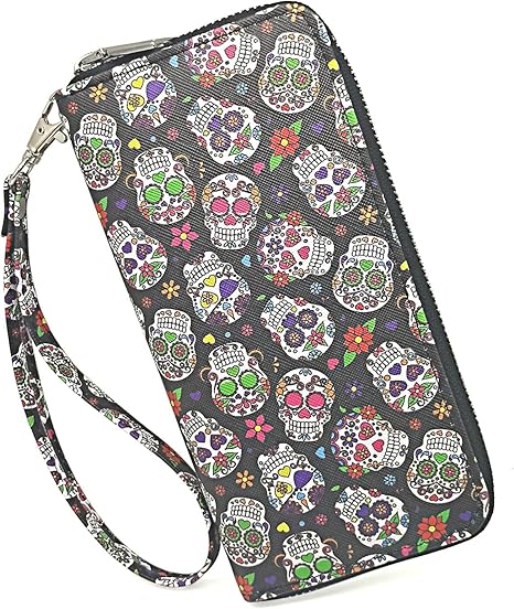 Womens Wallet Gothic Skull Skeleton PU Leather Clutch Wallet Multi Credit Card Large Capacity Zip Around Travel Zipper Purse Wristlet for Women Halloween