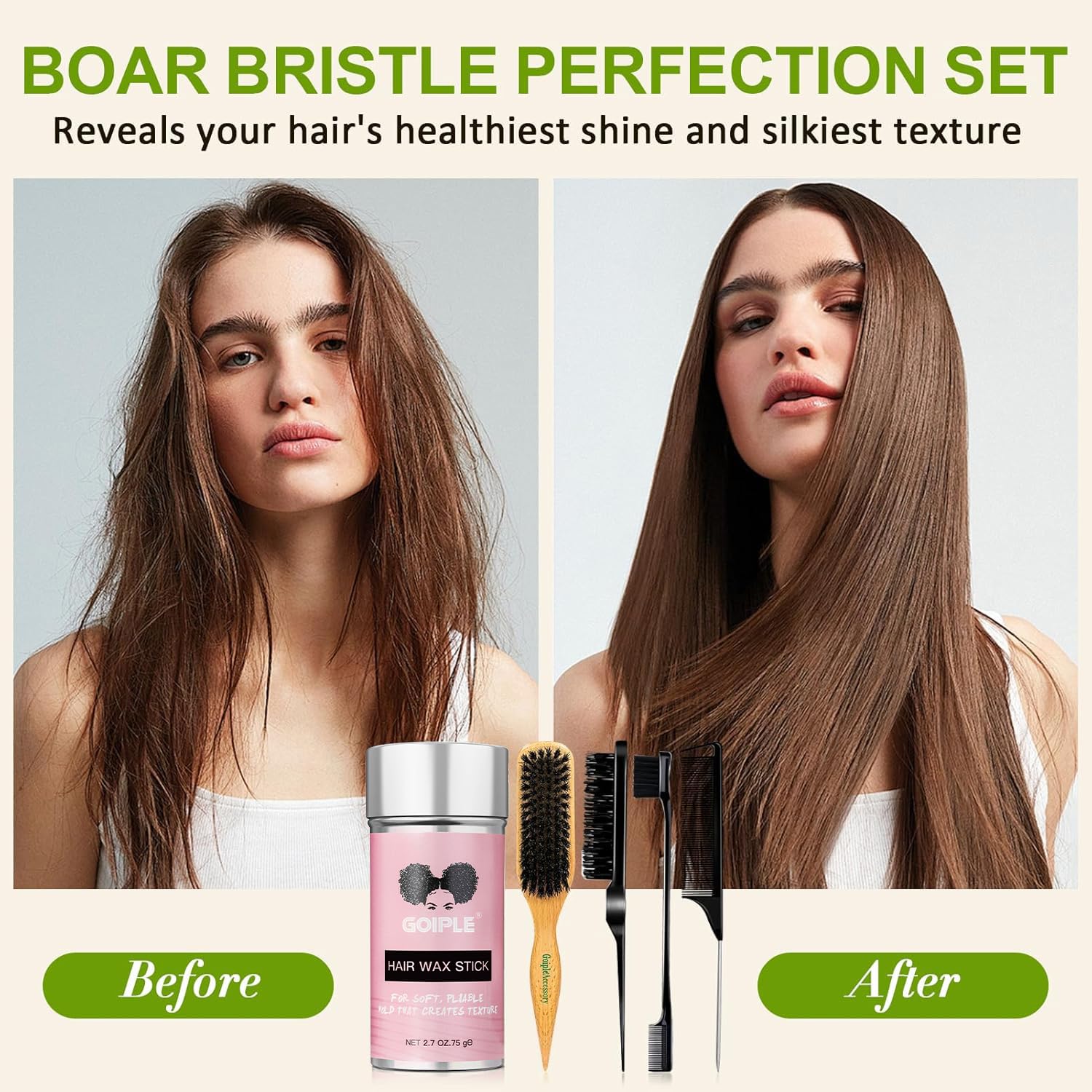 Set di spazzole per capelli lisci con setole di cinghiale, bastoncini per cera per capelli, per lisciare i capelli e l'effetto crespo, accessori per chignon per donne, ragazze adolescenti