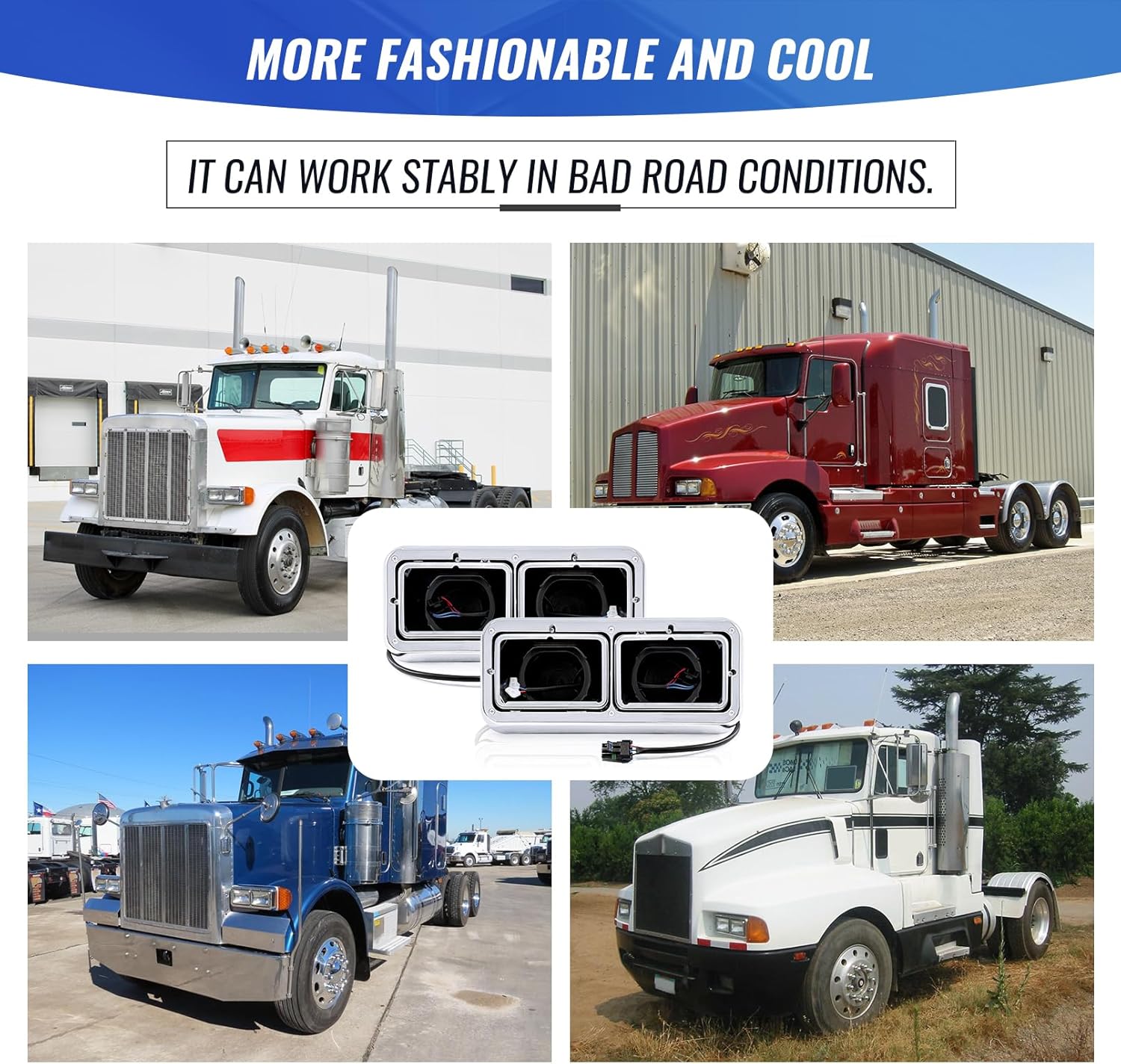 Headlight Housing Base with Chrome Dual Headlight Bezel Compatible with Kenworth T400 T600 T800 W900 K100 C500 Peterbilt 378 379 Freightliner FLD Classic XL Semi Truck Accessories（With Wire Harnesses）