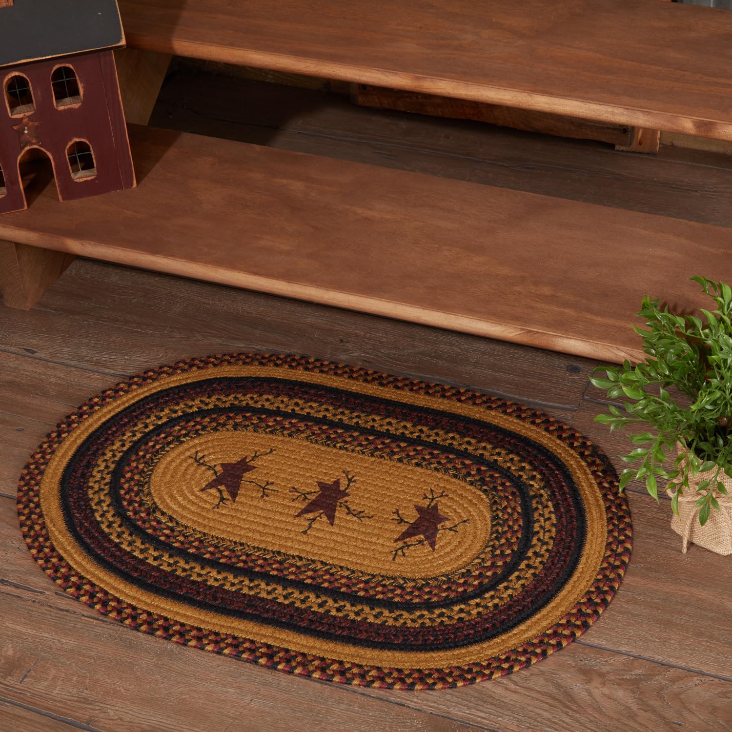 VHC Brands Heritage Farms Primitive Star and Pip Jute Yellow Stenciled Accent Rug Oval w/Pad 20"x30"