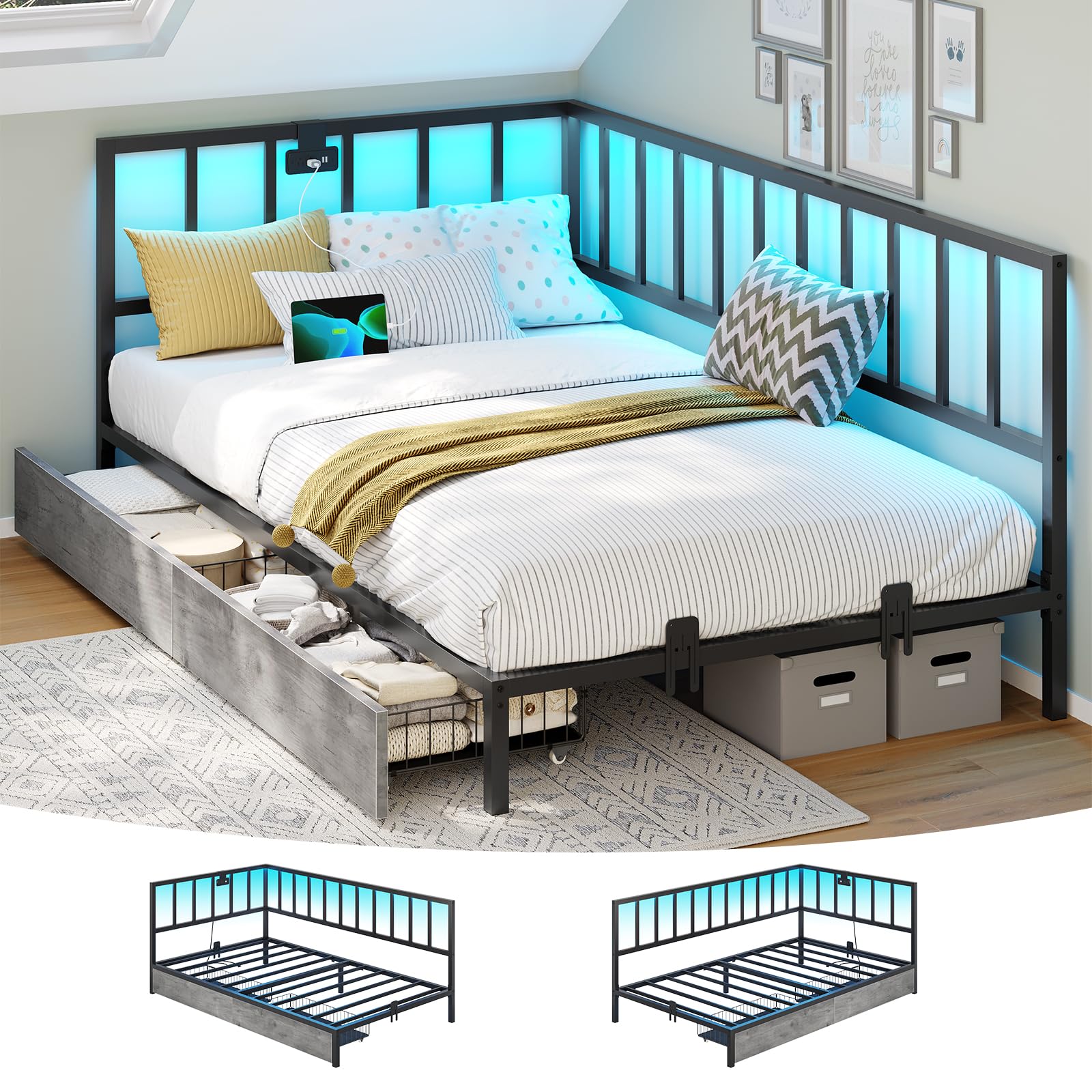 DICTAC Twin Size Corner Bed Frame with 2 Storage Drawers and Led Lights Metal Platform Bed Frame with Charging Station Modern Twin Daybed Frame for Living Room, Bedroom and Guest Room, Black&Gray