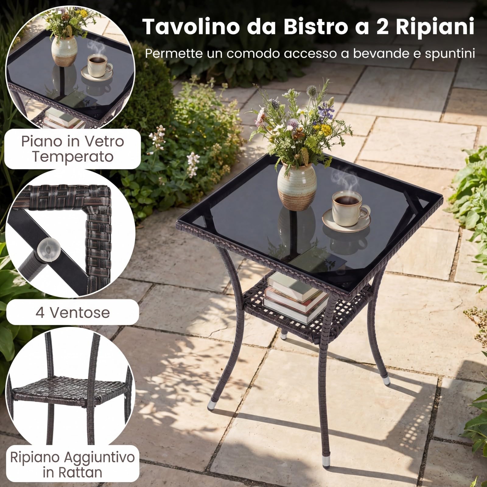 COSTWAY Set da Salotto da Giardino 3 Pezzi, 3 Pezzi Set Mobili da Esterno in Rattan con Tavolo in Vetro Temperato a Doppio Ripiano, Set da Conversazione con Cuscini per Veranda (Marrone+Bianco)
