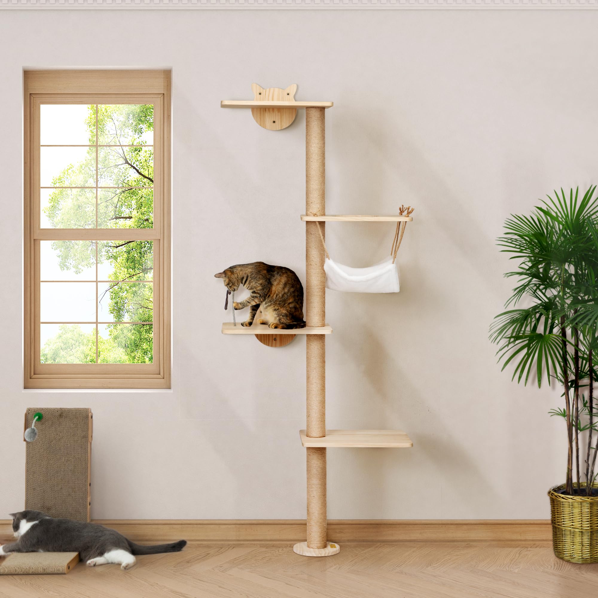 Kratzbaum für Katzen Wand Klettern 4 Etagen Katzenturm(176 cm) aus Natürliches Kiefernholz Katzenregal mit Hängematte und Sisal-Kratzmatte Federnde Spielmaus Kletterwand für Wohnungskatzen