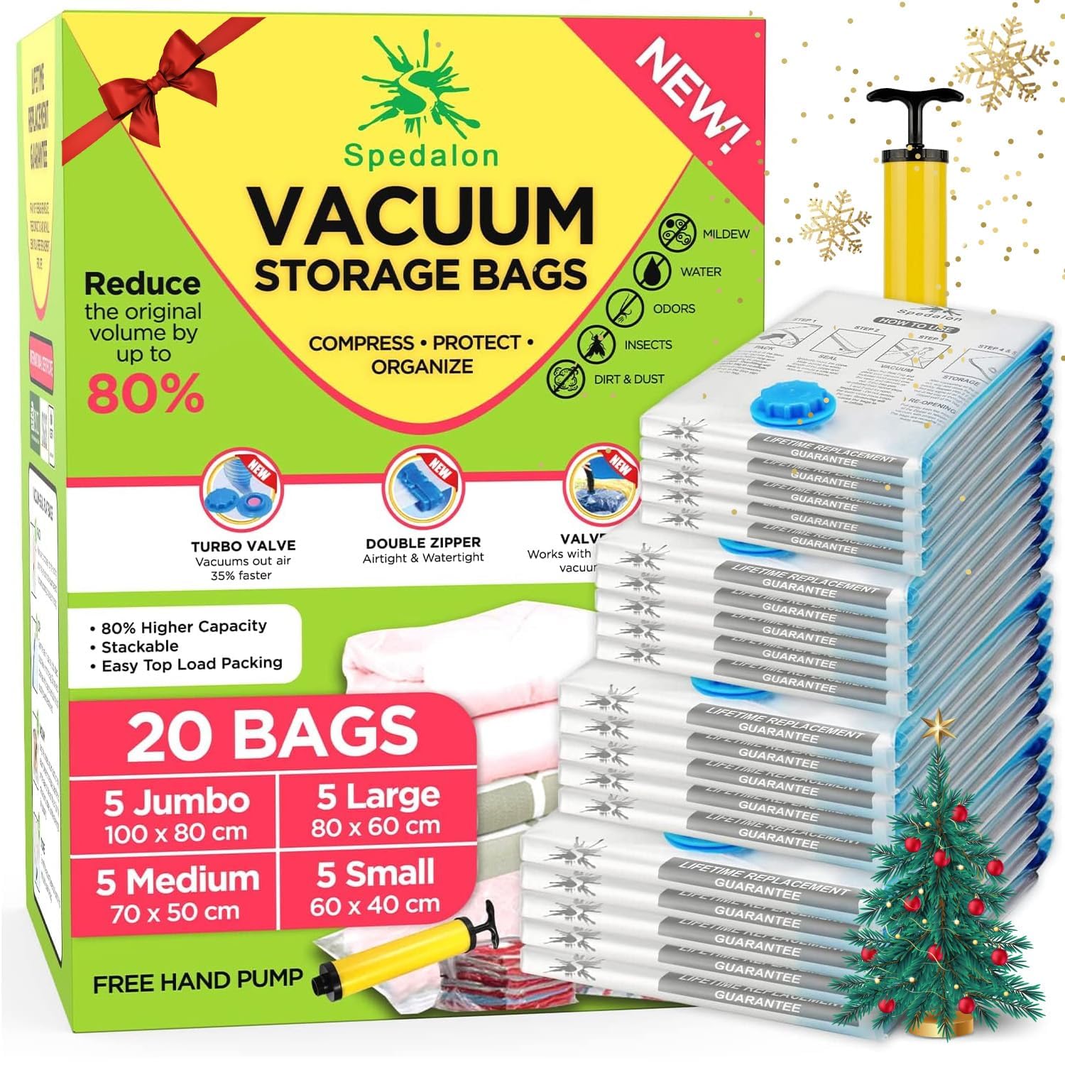 Vacuum Storage Bags - Pack of 20 (5 Jumbo + 5 Large + 5 Medium + 5 Small) ReUsable with free Hand Pump for travel packing | Best Sealer Bags for Clothes, Duvets, Bedding, Pillows, Blankets, Curtains