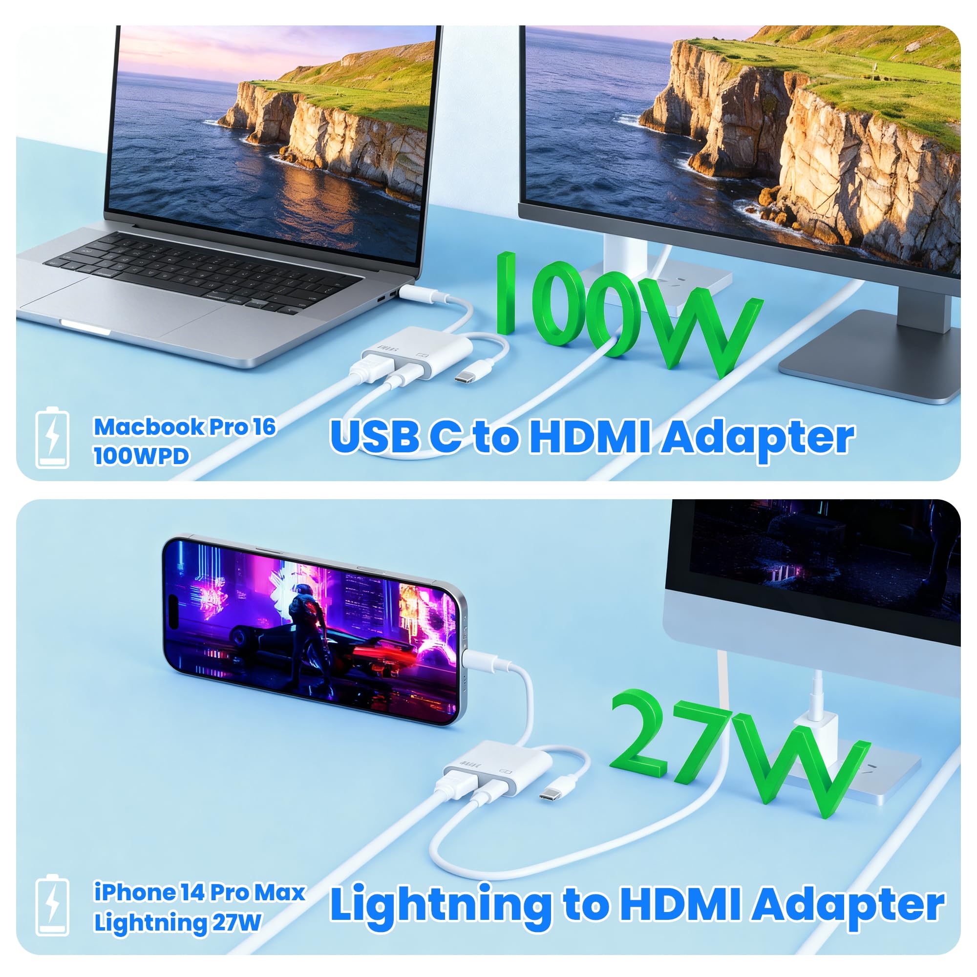 Adaptateur USB C et Lightning vers HDMI pour iPhone, 4K@60Hz 100W Adaptateur USB C vers HDMI pour iPhone 17/16/15/14/iPad/MacBook Certifié MFi iPad to hdmi Adapter for TV/Projecteur/Moniteur