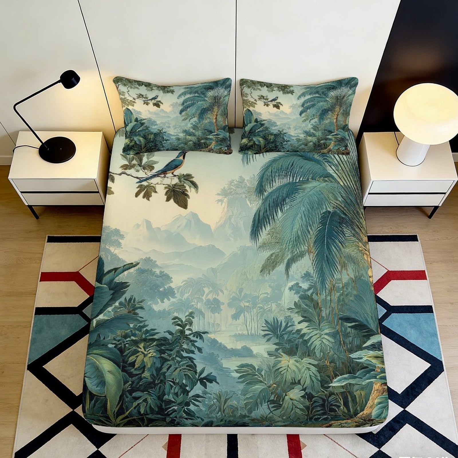 3D Printed Tropical Jungle Fitted Sheet Microfiber Soft Breathable Exotic Bird Bed Cover for Bedroom Dormitory Guest Room Mattress Protection Decor 140x200x25cm