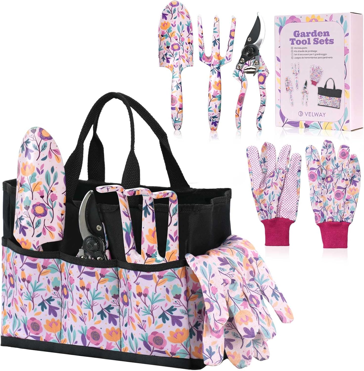 Velway 5-Piece Gardening Tools Set – Mum’s Gift with Bags & Gloves, Floral Print Metal Garden Tools Ideal for Ladies, Mothers Day, Christmas, Birthday Velway 5-Piece Gardening Tools Set – Mum’s Gift with Bags & Gloves, Floral Print Metal Garden Tools Ideal for Ladies, Mothers Day, Christmas, Birthday