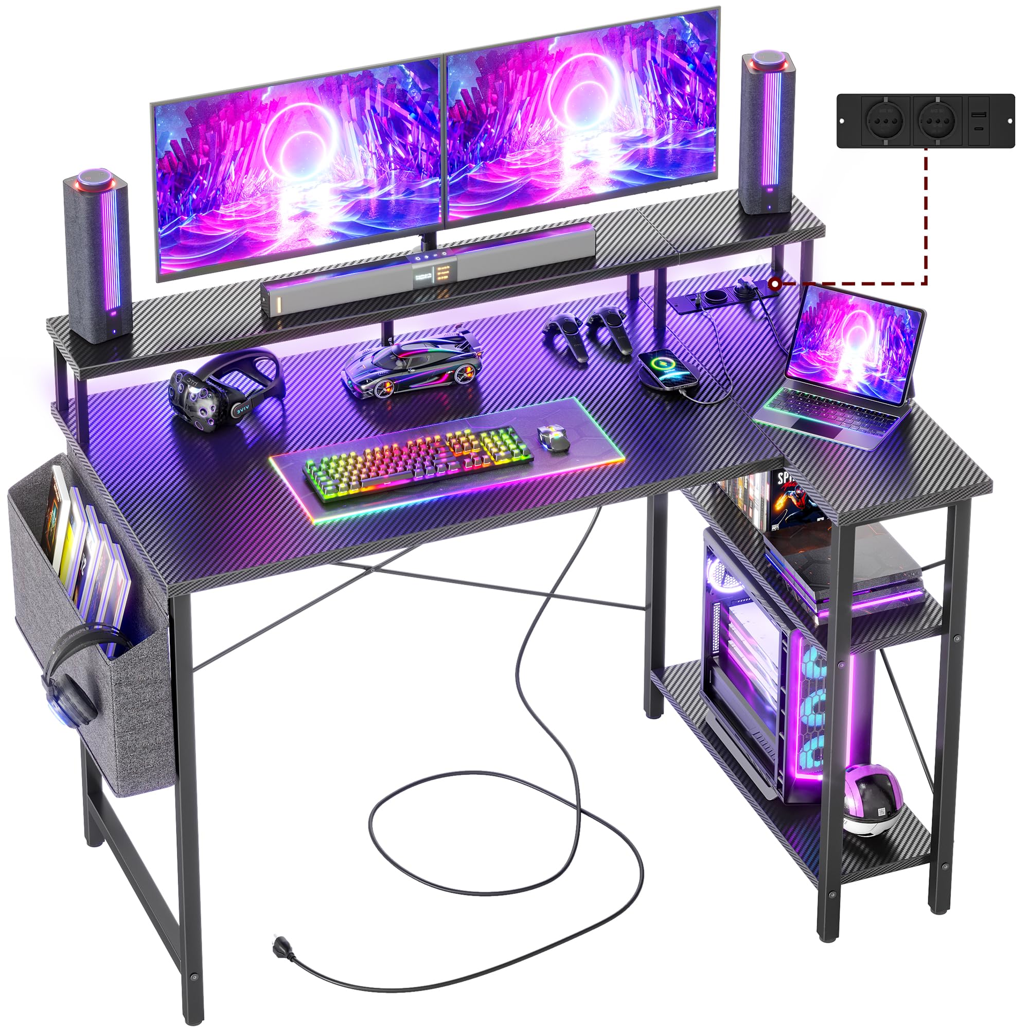 BEXEVUE Scrivania Angolo con LED Ciabatta - 120x70cm Grande Tavolino Computer Forma L Ripiani Portaoggetti, Scrivania Angolare Reversibile Gaming Informatica, Studio Gioco Lavoro Casa Camera da Letto