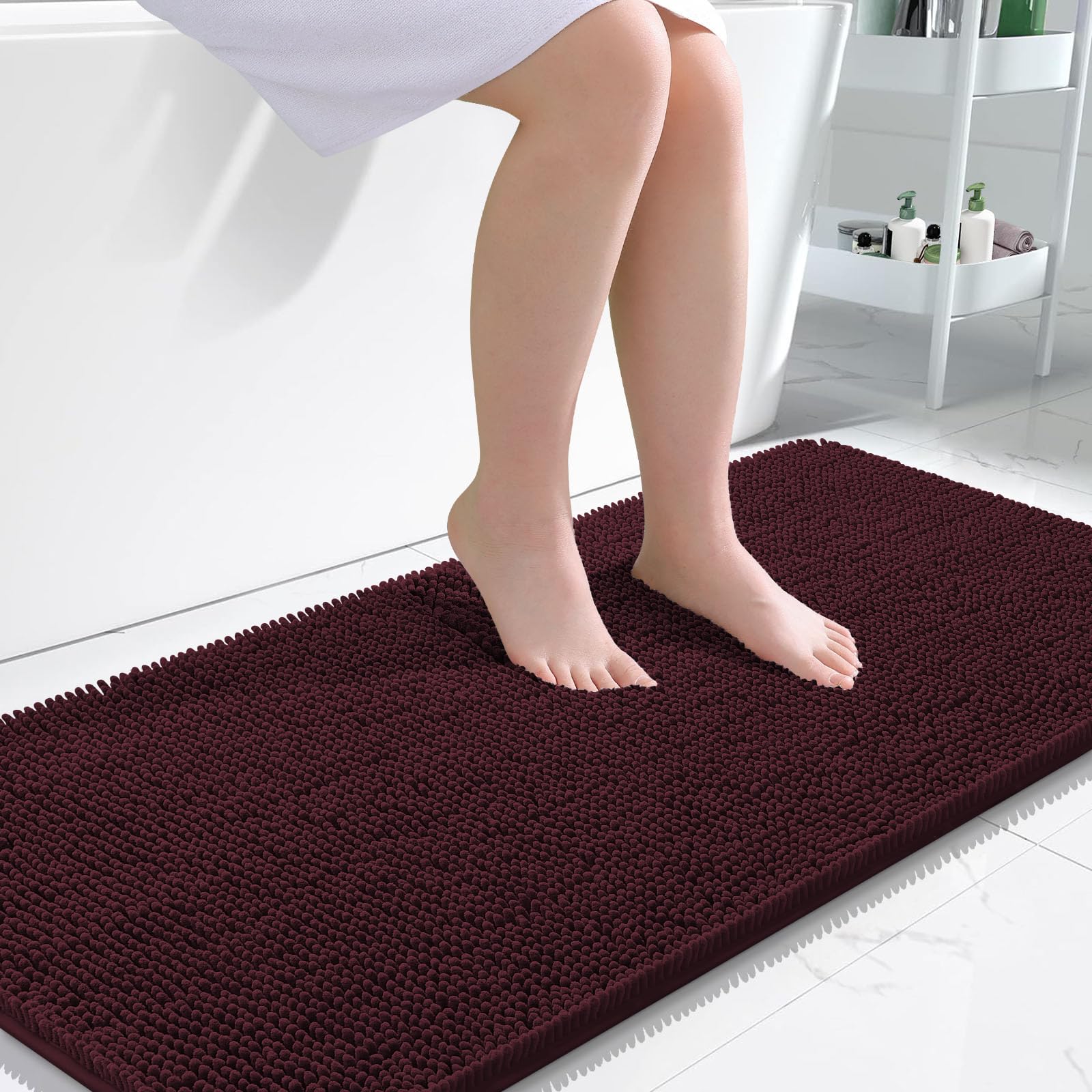 OLANLY Bathroom Runner Rugs 47x24, Extra Soft Absorbent Chenille Bath Rugs | Black Cherry, Quick-Drying Rubber Backing, Washable Long Bath Mat for Bathroom Floor, Tub and Shower, Home Decor Accessories
