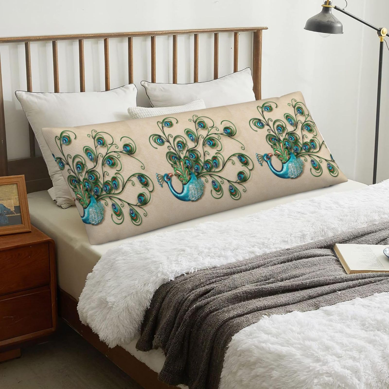 Peacock Pattern Printed, Body Pillow Cover with Zipper,Long Body Pillowcase 20 x 60 in