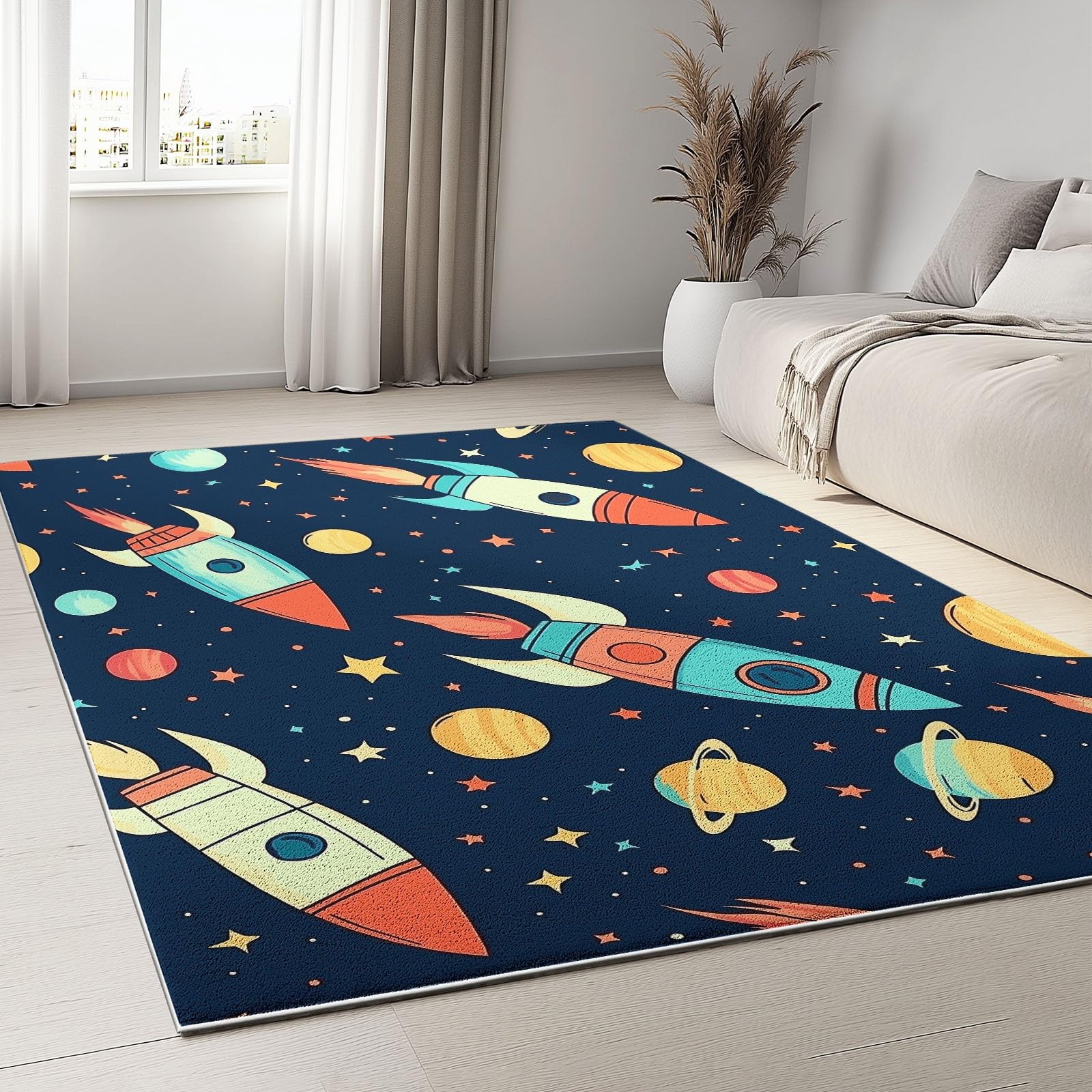 80 x 150 cm Teppich für Wohnzimmer – Kurzflor, Pflegeleicht & Extra Weich, Rechteckiger Teppich mit Niedliche Cartoon-Rakete Stern, geeignet für Schlafzimmer Kinderzimmer, Bunt