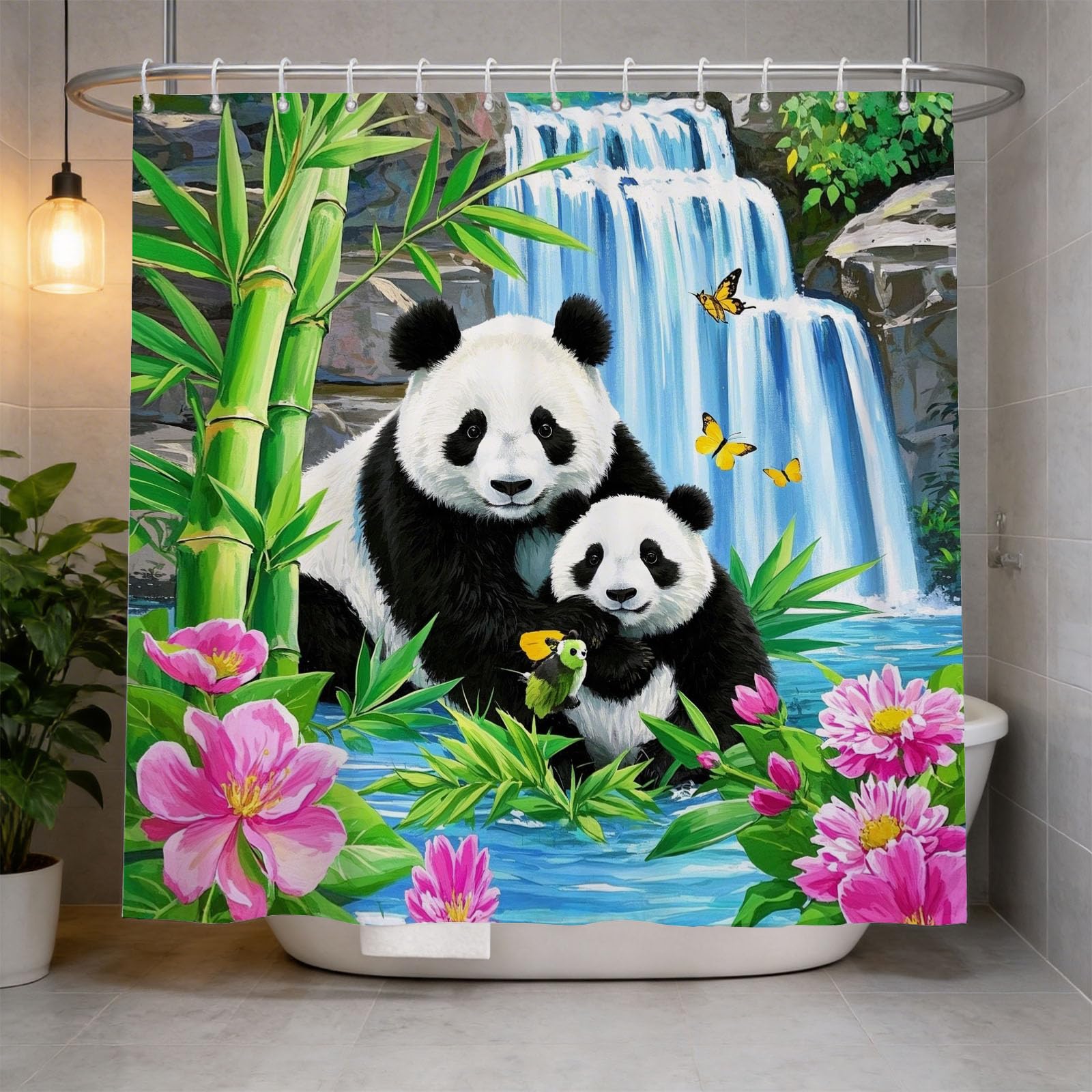 Hongduo 3D Panda Bear Shower Curtain for Stalls Bathtubs Painting Bathroom Decor Shower Curtain Set Polyester Fabric Waterproof 180x180cm/71X71 Inch with Hooks