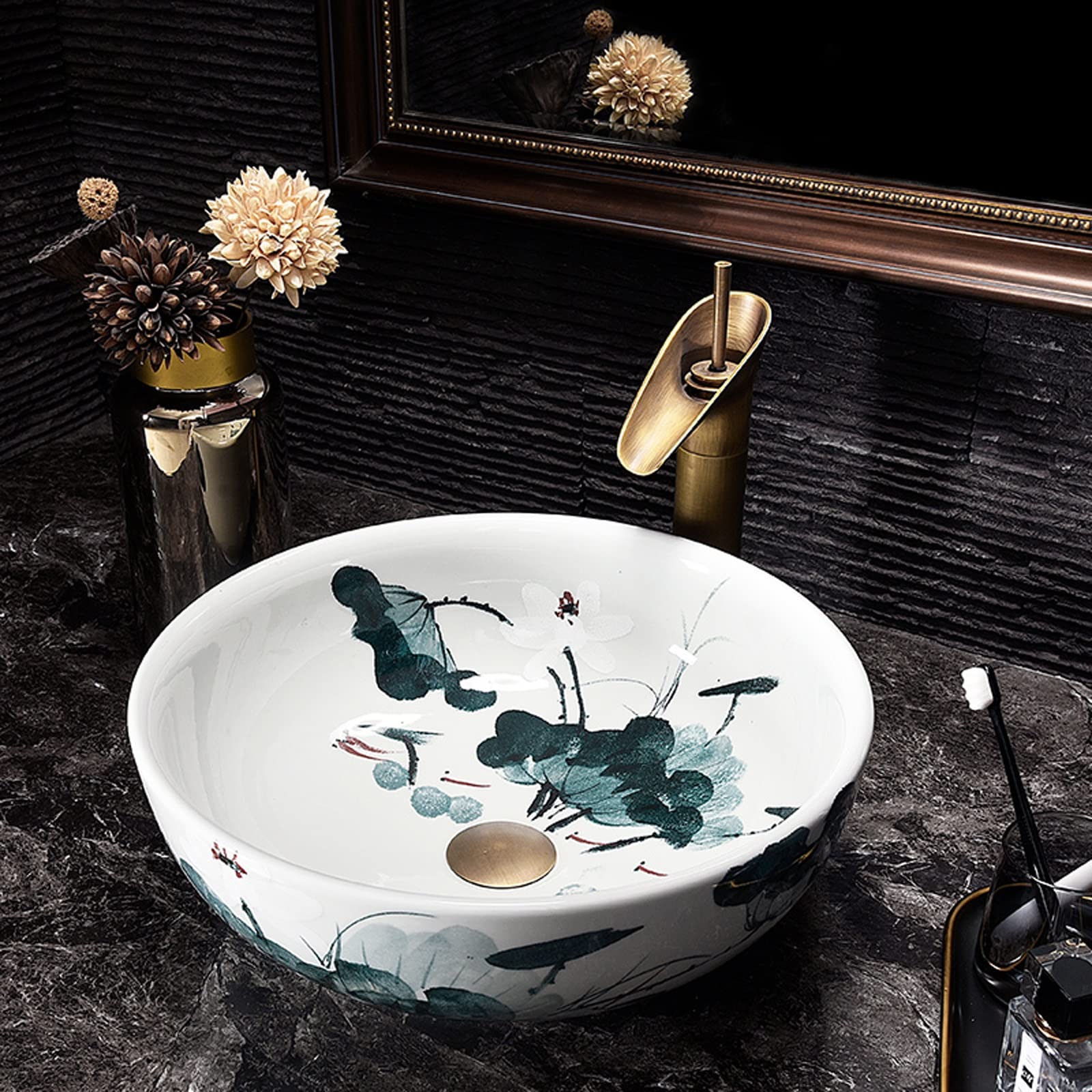 Umywalki Łazienkowe Nablatowe, Ceramiczne, Umywalki Łazienkowe Nablatowe, Okrągłe, Porcelanowe, W Kolorze Niebieskim I Białym, Umywalki Nablatowe Z Motywem Lotosu, Umywalki Ła