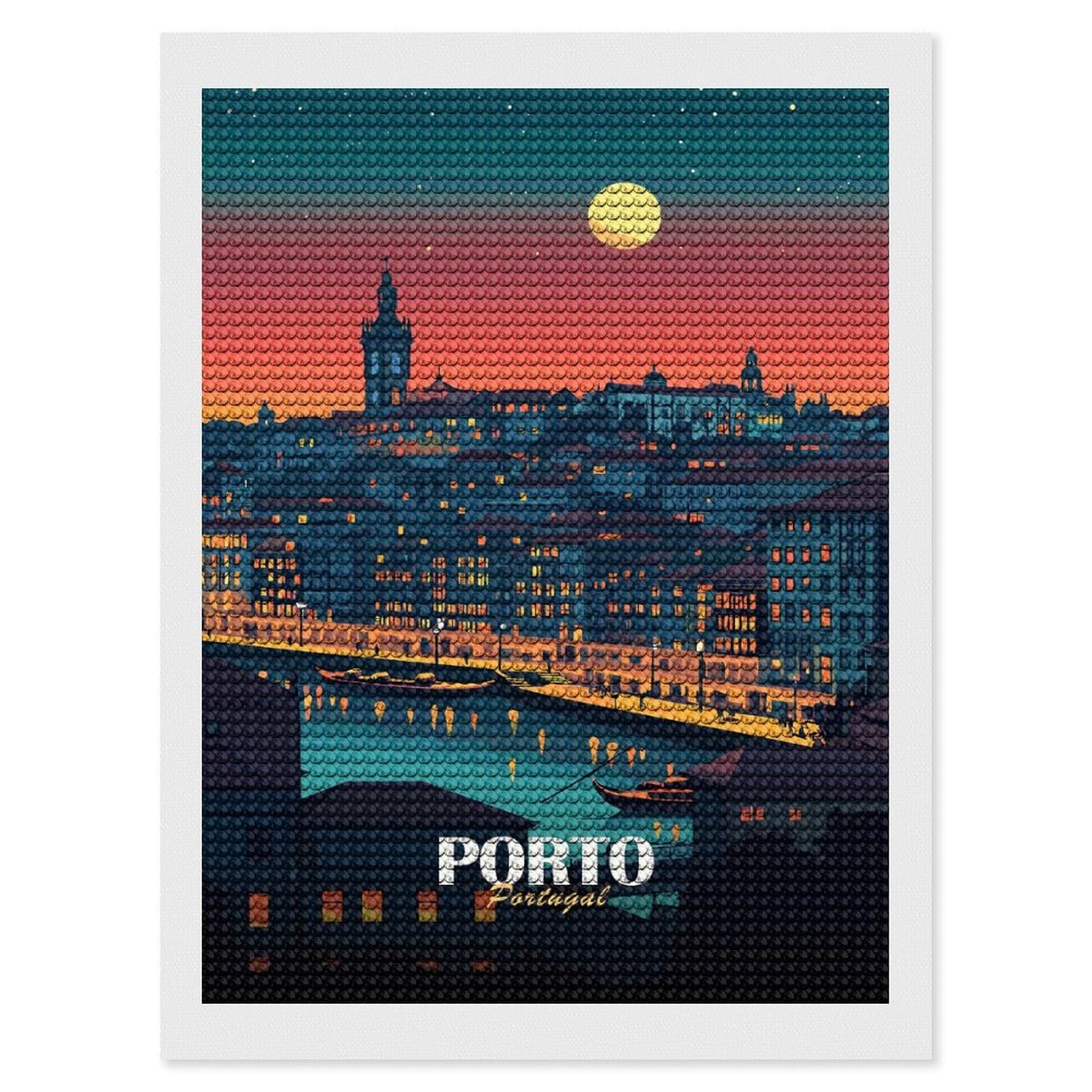 Junmoney Porto, Portugal at Night Diamond Painting Canvas Set 12"x16", for Women, Mindful Craft Activity, Cosy Home Accent, Festive Craft Gift