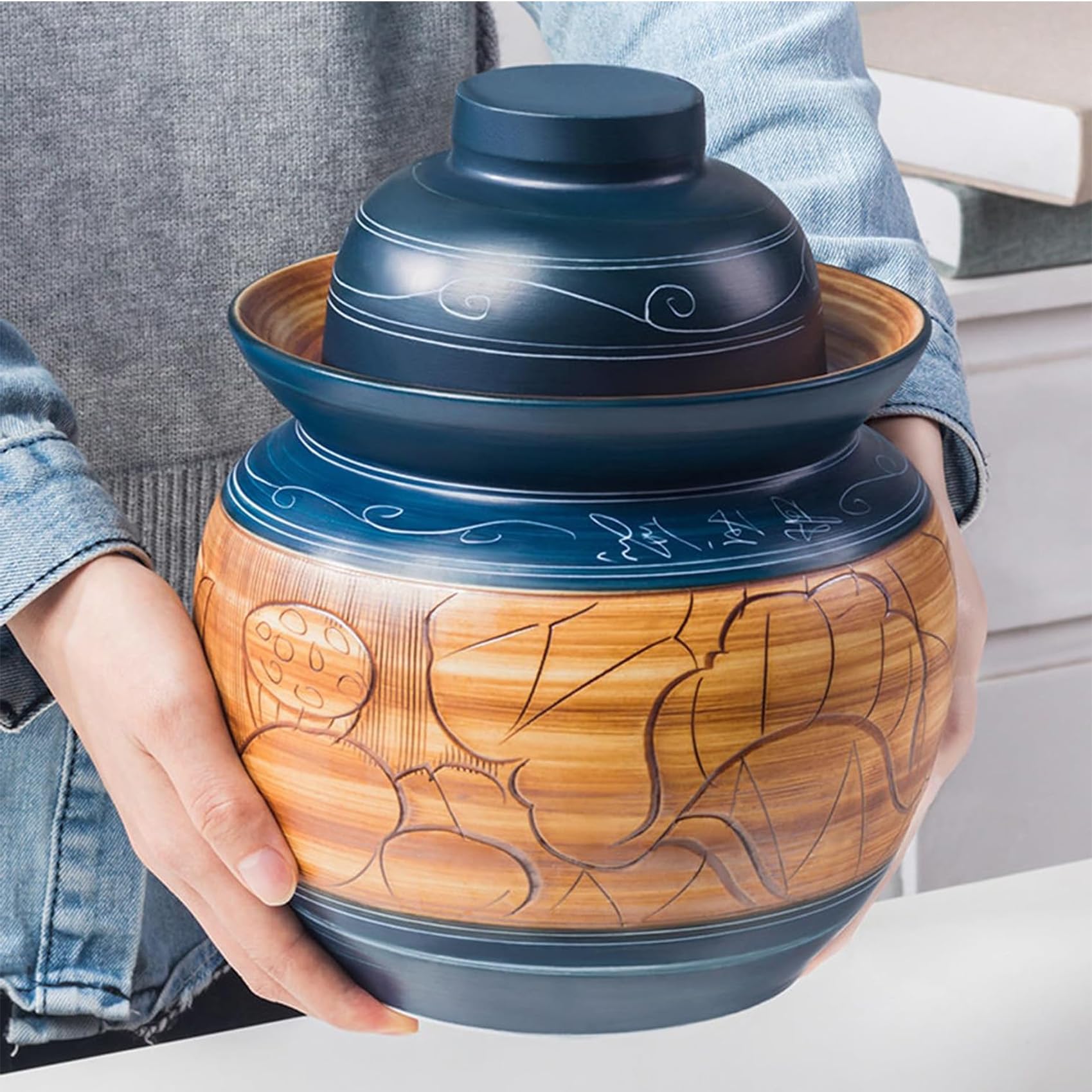 Hlixzoy Ceramic Rice Storage Container with Double-Lid Airtight Seal – 3.3-22Lb Flour & Grain Bin, Chinese-Style Food Dispenser for Pantry Kitchen Organization