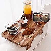 Nnewvante 3-in-1 Acacia Wood Couch Cup Holder Tray Table - 15.36x9.85 Sofa Arm Clip-On with 360° Rotating Phone & Cup Holders