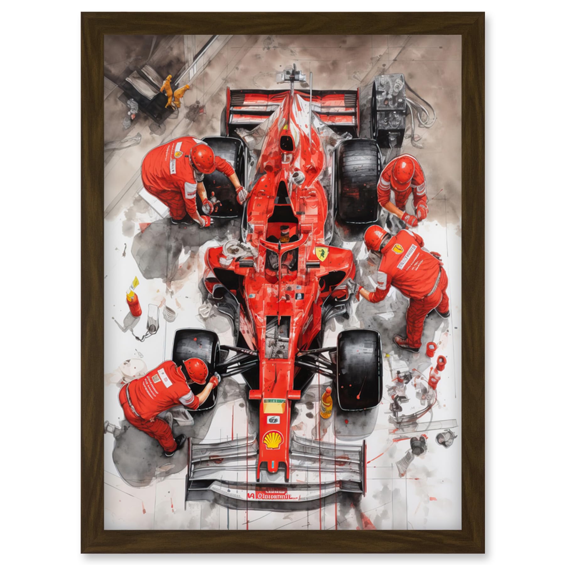 Artery8 Grand Prix Race Car Wheel Change Aerial Shot Artwork Framed Wall Art Print A4
