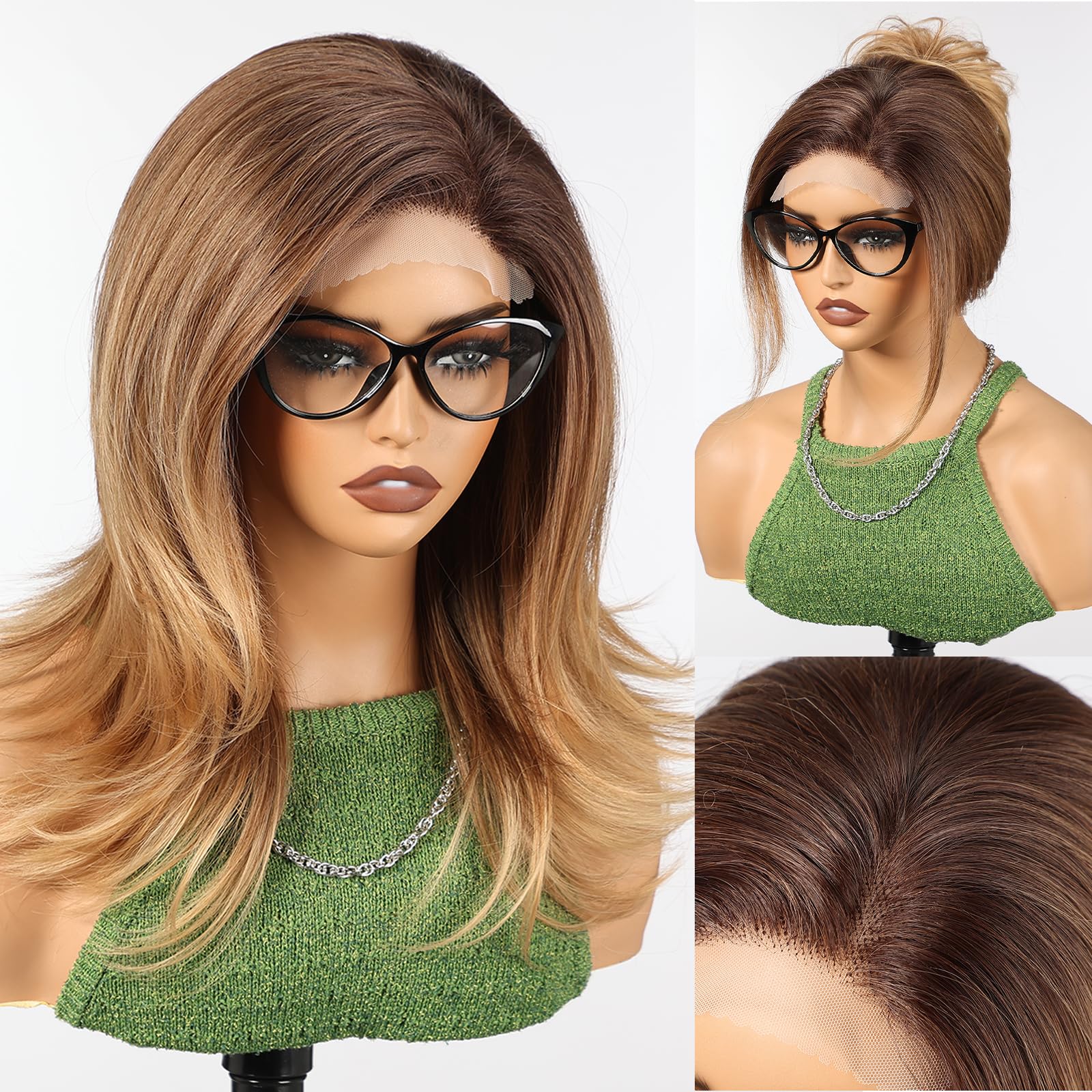HAIRCUBE Lace Front Wig for Women Wavy Wigs with Partial Fringe Heat Resistant Fibre Synthetic Lace Front Wig Golden Brown Color - Image 2