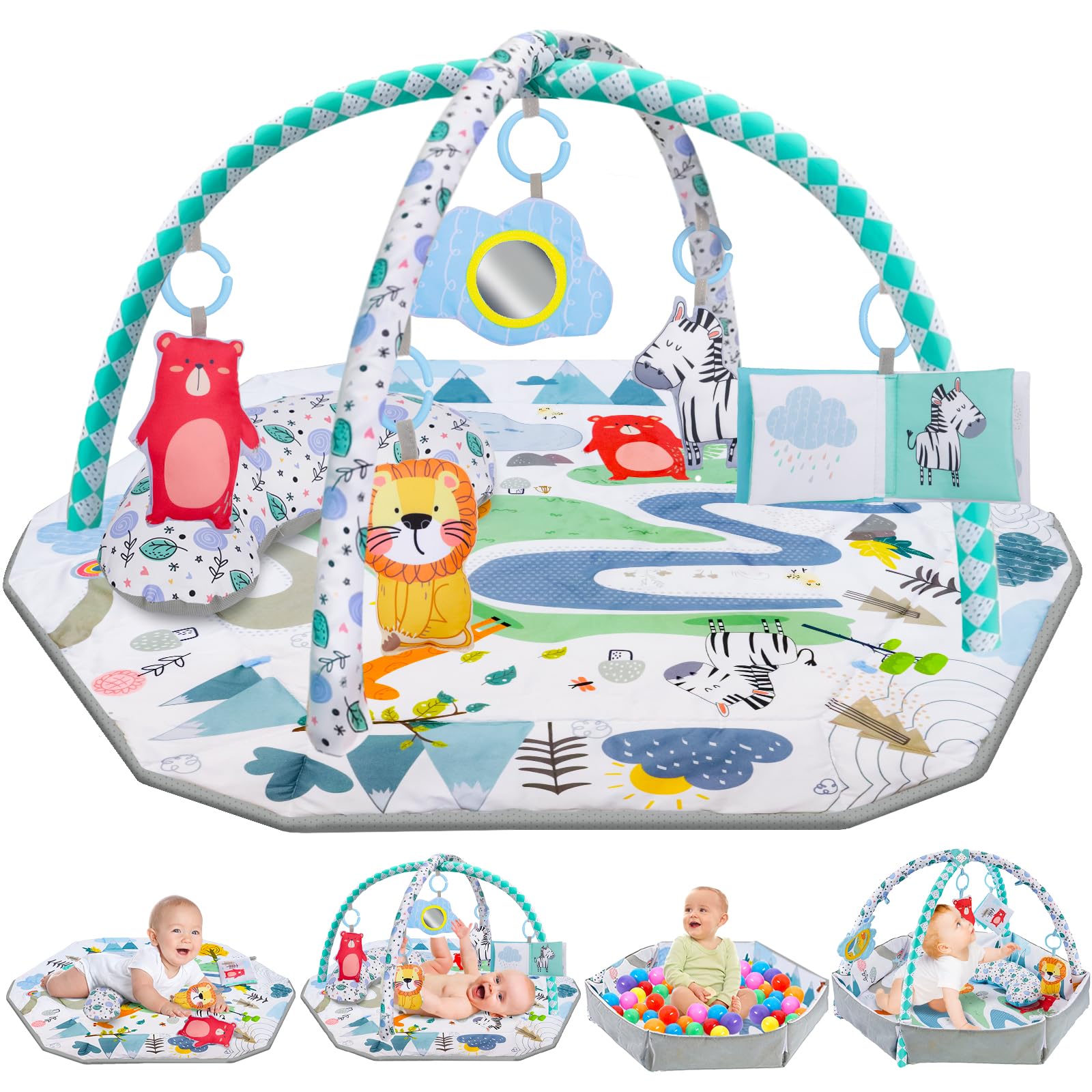 6-en-1 Gimnasio De Juegos Para Bebe, Alfombra de Gateo con Arco de Juego y Juguetes Sensoriales, 5 juguetes extraíbles, Juguetes para bebés de 0+ meses