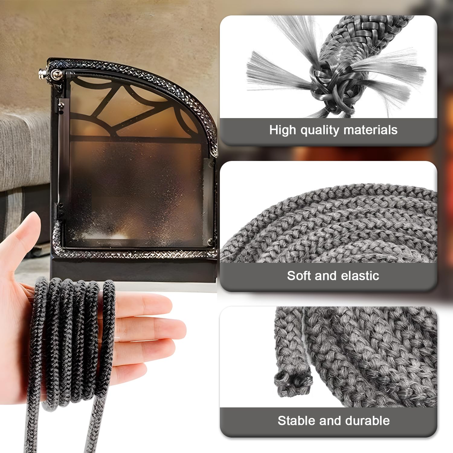 Guarnizione Porta Stufa 8mm 4m Fibra di Vetro Corda Ignifuga per Camino Pellet Termocamino