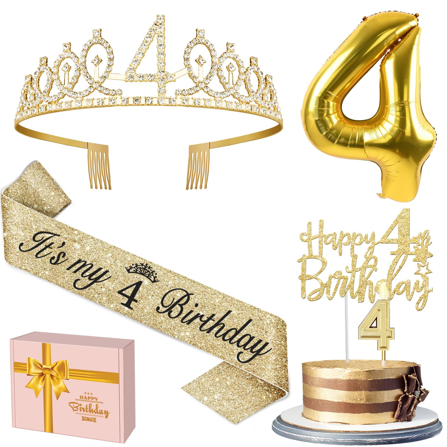 4th Birthday Decorations for Girl with 4th Birthday Sash and Crown, Candle and Cake Topper, Number Balloon, 4 Year Old Girl Gifts