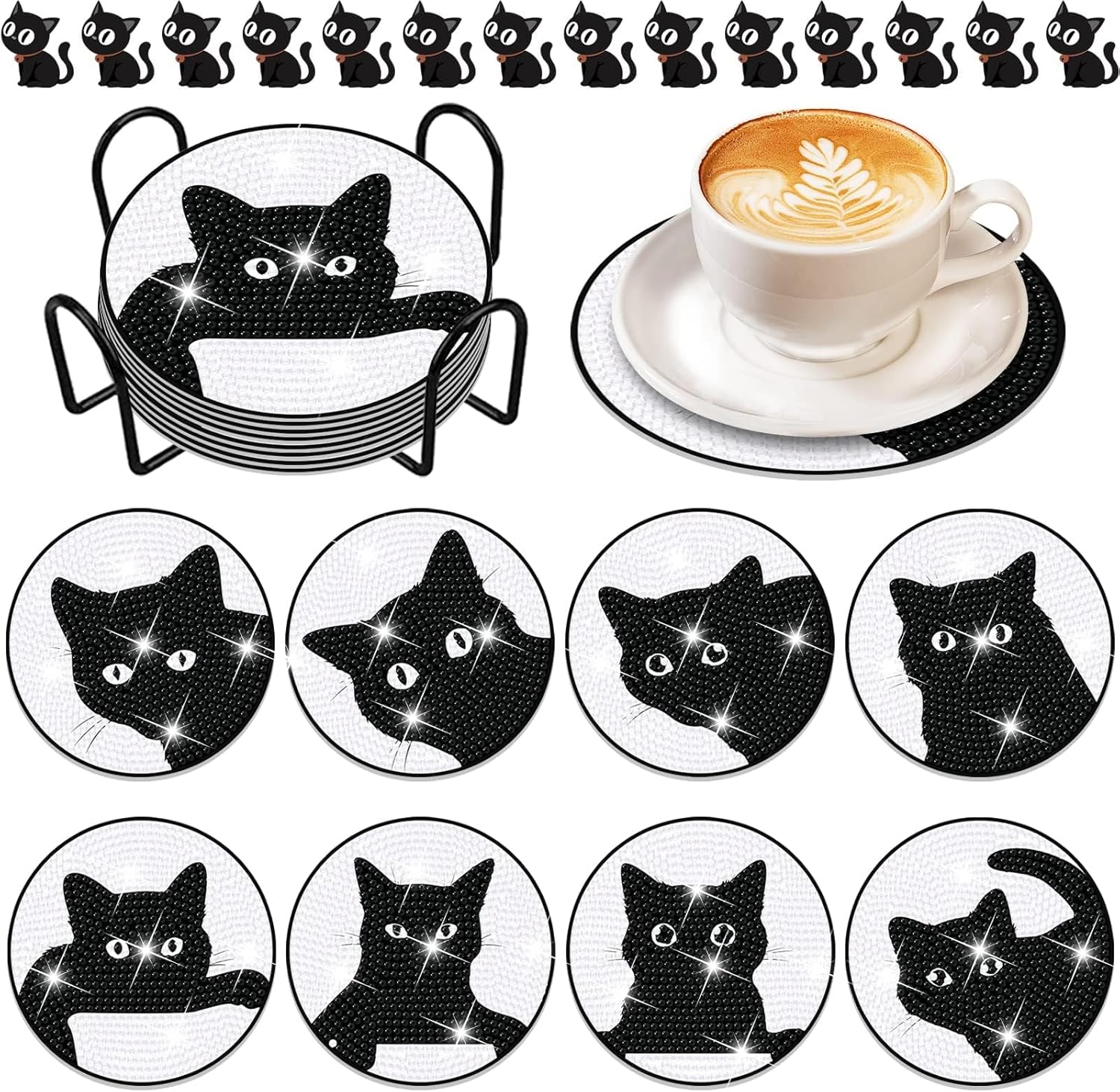8 Pcs Black Cat Diamond Art Painting Coasters Kits with