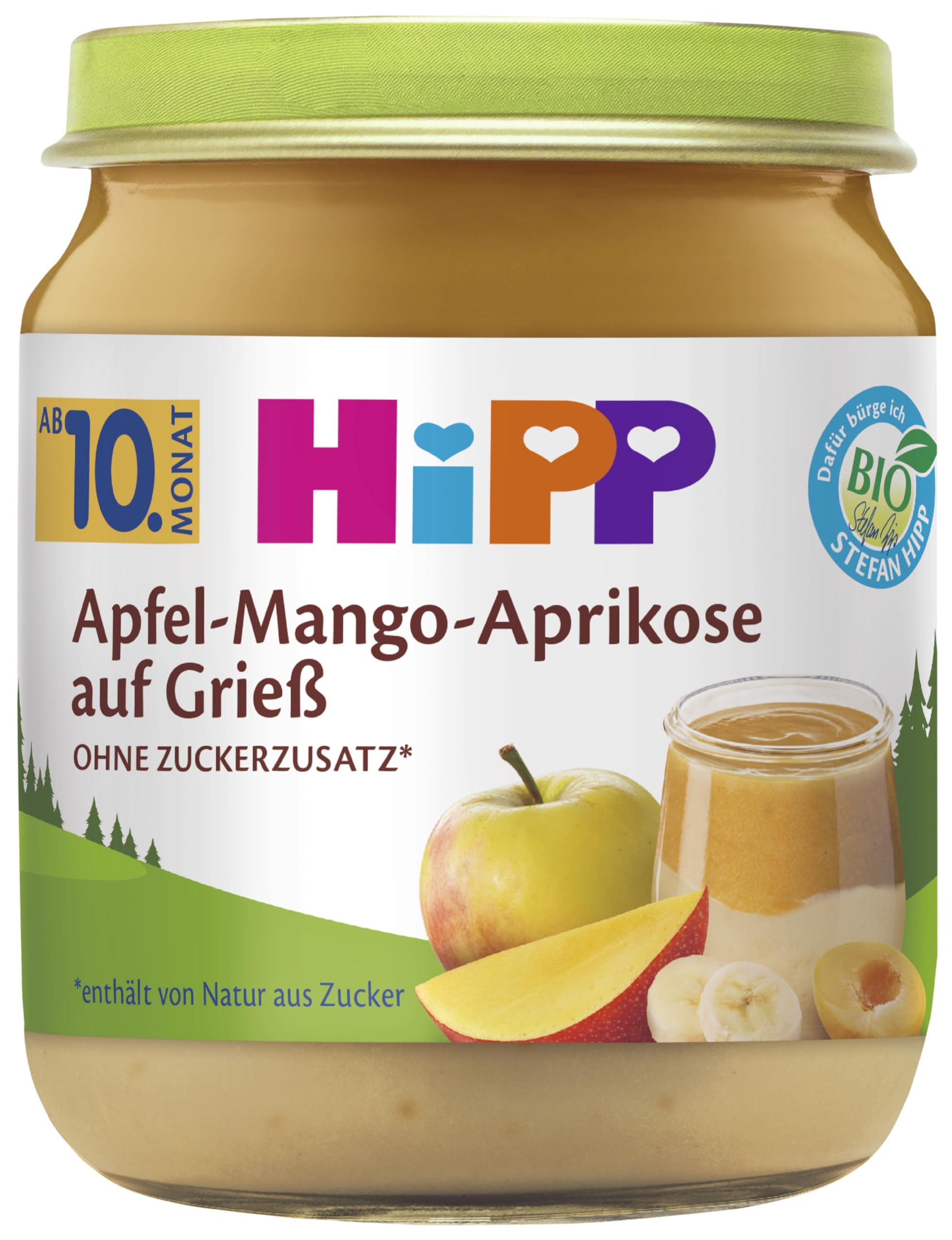 HiPP Bio Apfel-Mango-Aprikose auf Grieß (6 x 200g), ab 10. Monat, ohne Zuckerzusatz, in bester Bio-Qualität