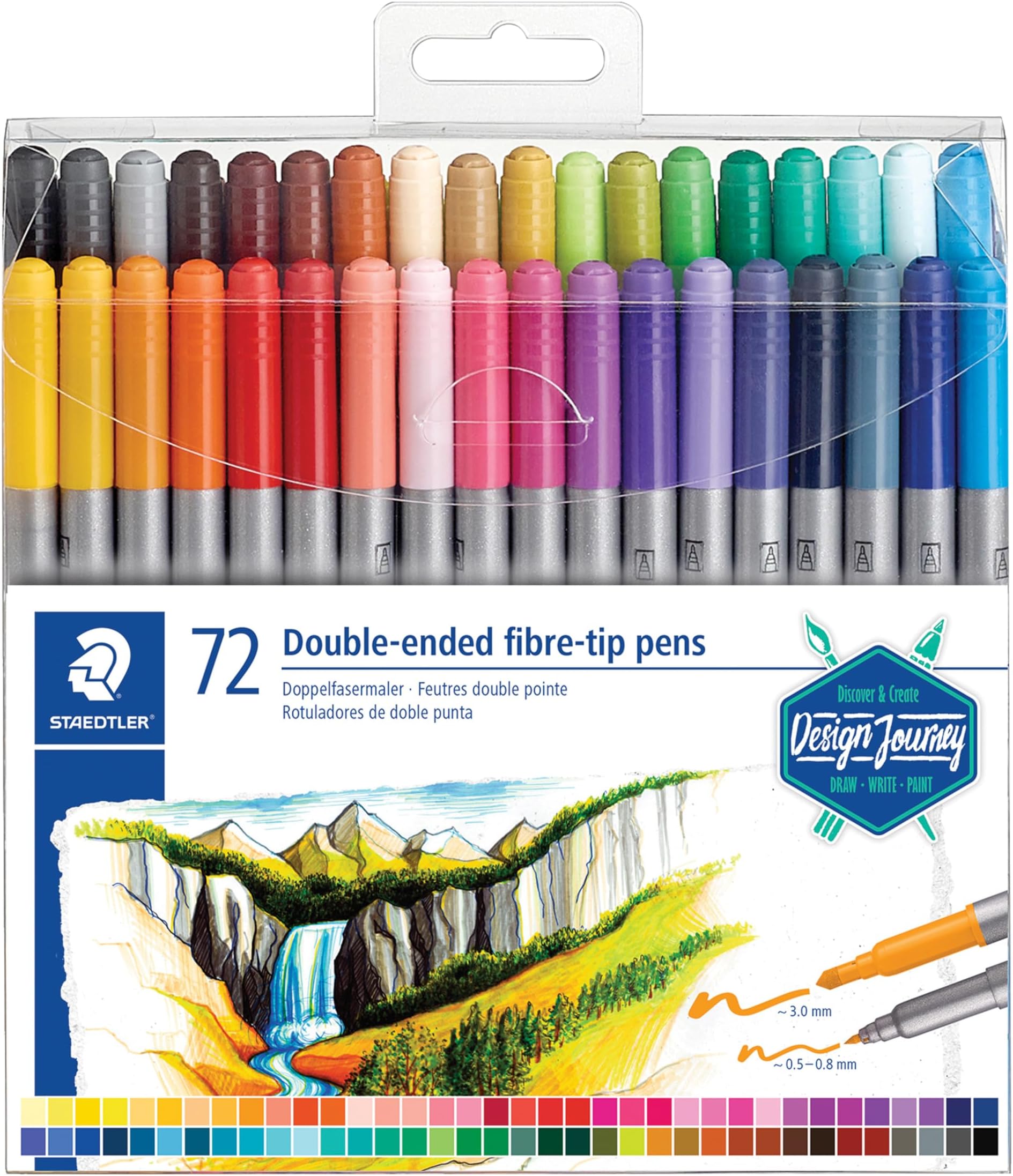 3200 TB72 Design Journey Double-Ended Fibre-Tip Pens with Two Nibs - Narrow and Wide, Pack of 72