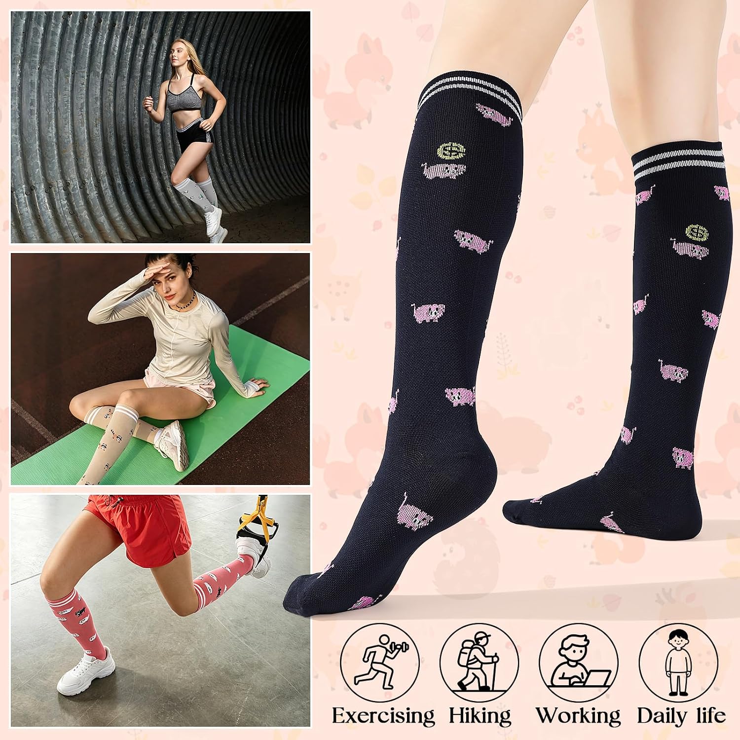 6 Pairs Compression Socks for Women Men Knee High Support Circulation Socks 15-20 mmHg for Nurses Running