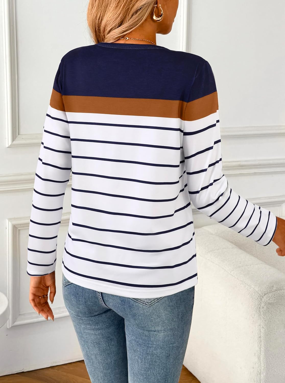 SOFIA'S CHOICE Women Striped Long Sleeve T Shirt V Neck Basic Cotton Cute Shirts - Image 3